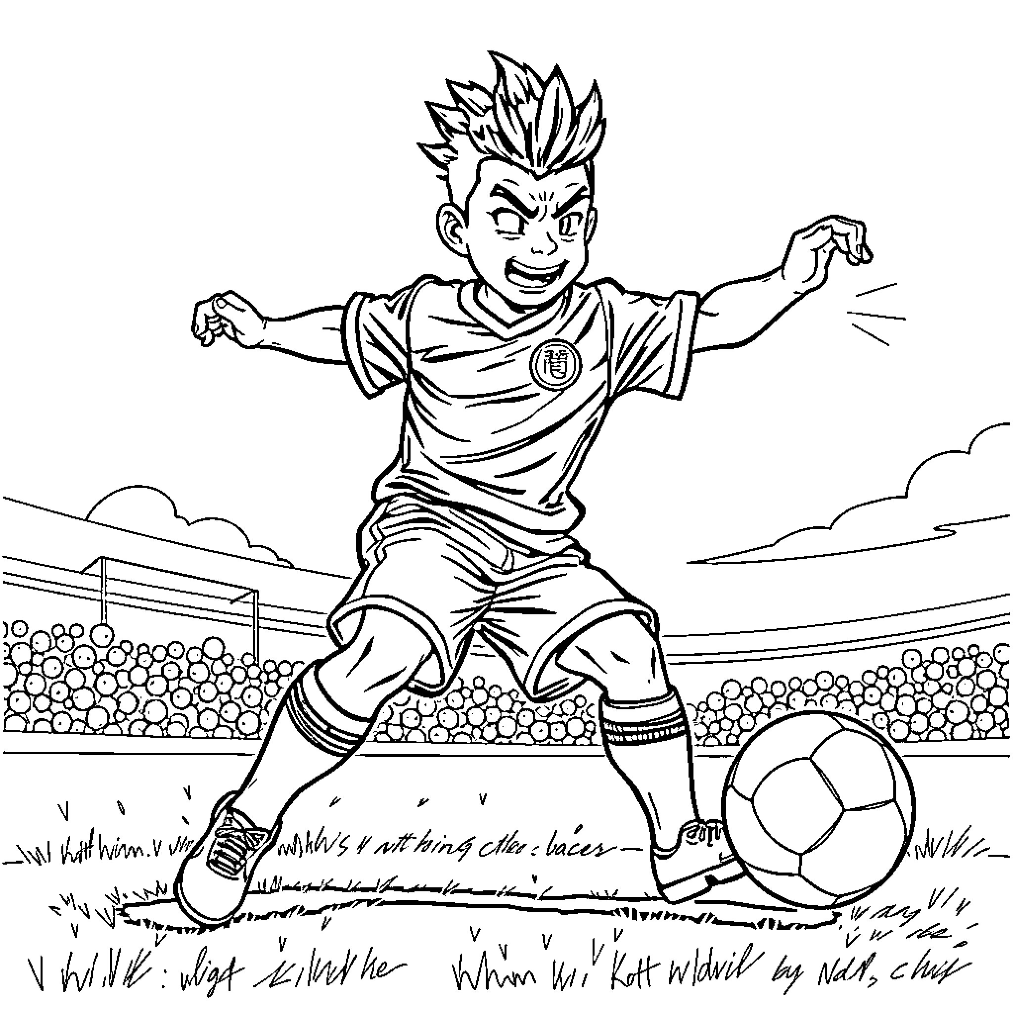 Sangoku playing soccer energetically on the field Coloring Page (free black-and-white line drawing printable PDF for all, from beginners to advanced learners, including children, teens, adults, and seniors)