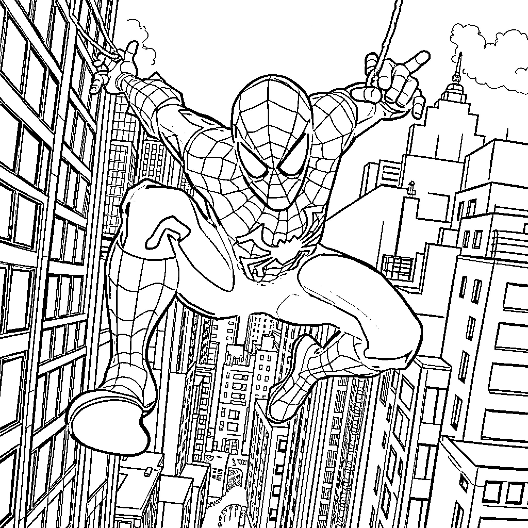 Spider-Man swinging through the city skyline Coloring Page (free black-and-white line drawing printable PDF for all, from beginners to advanced learners, including children, teens, adults, and seniors)