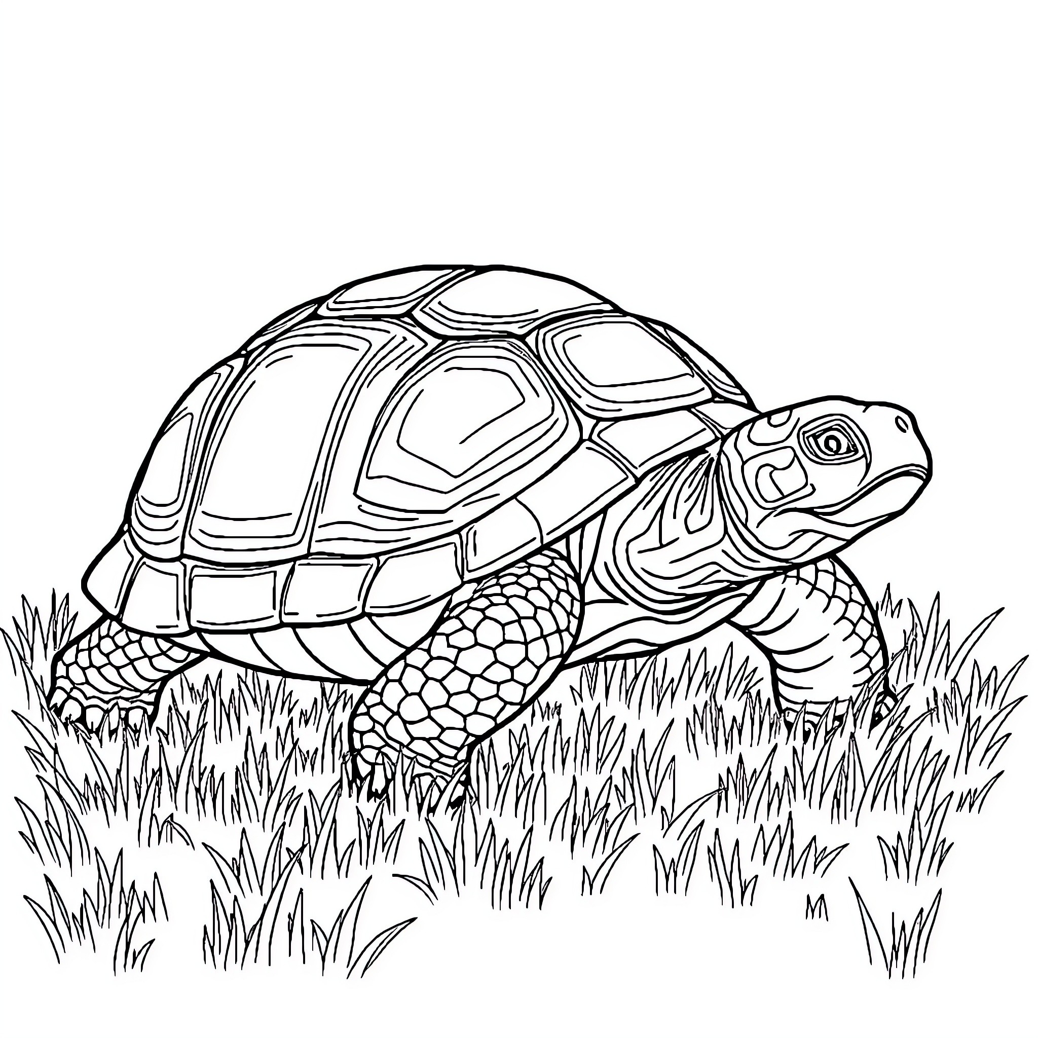 Tortoise Exploring the Grassy Terrain Coloring Page (free black-and-white line drawing printable PDF for all, from beginners to advanced learners, including children, teens, adults, and seniors)