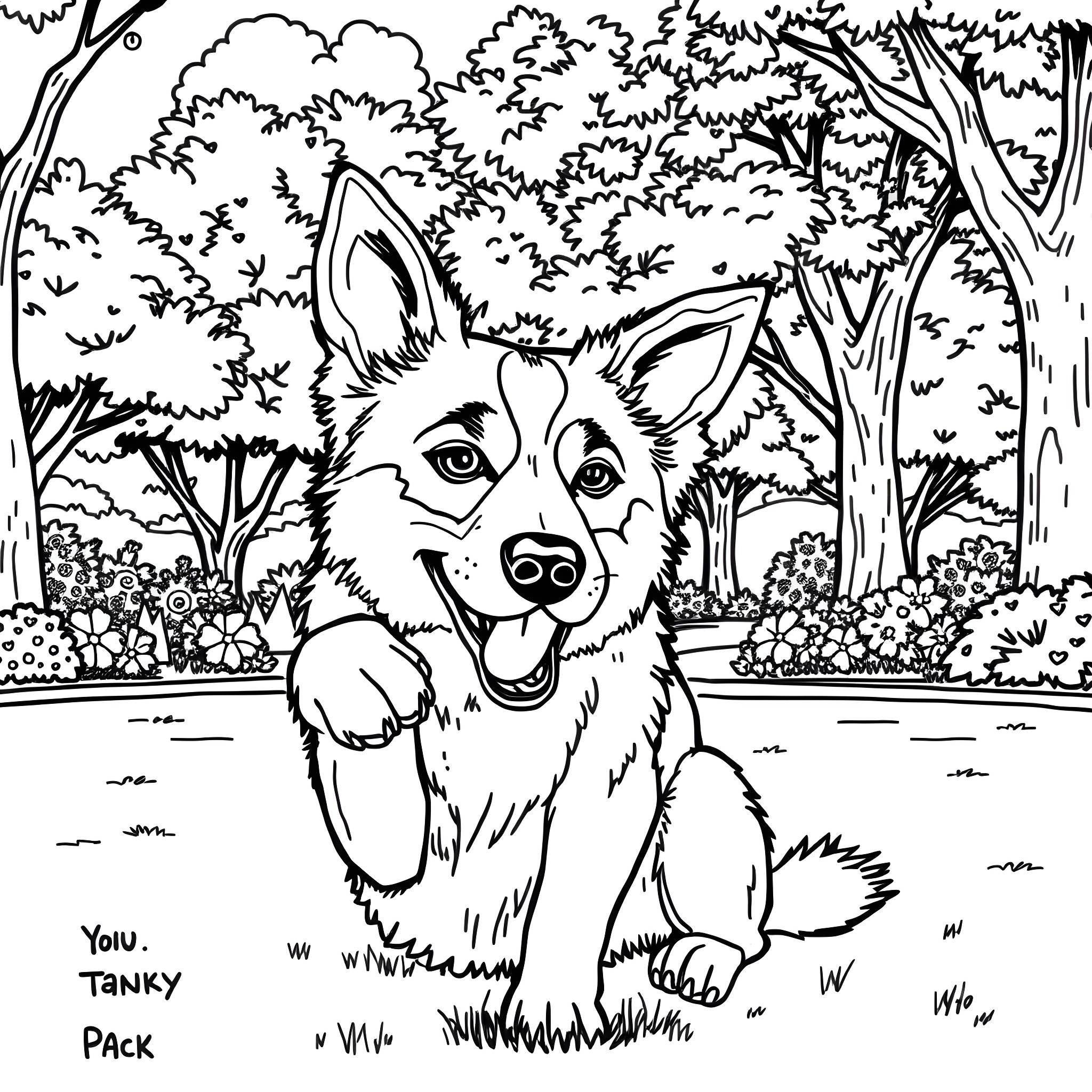 Dog playing in the forest Coloring Page (free black-and-white line drawing printable PDF for all, from beginners to advanced learners, including children, teens, adults, and seniors)