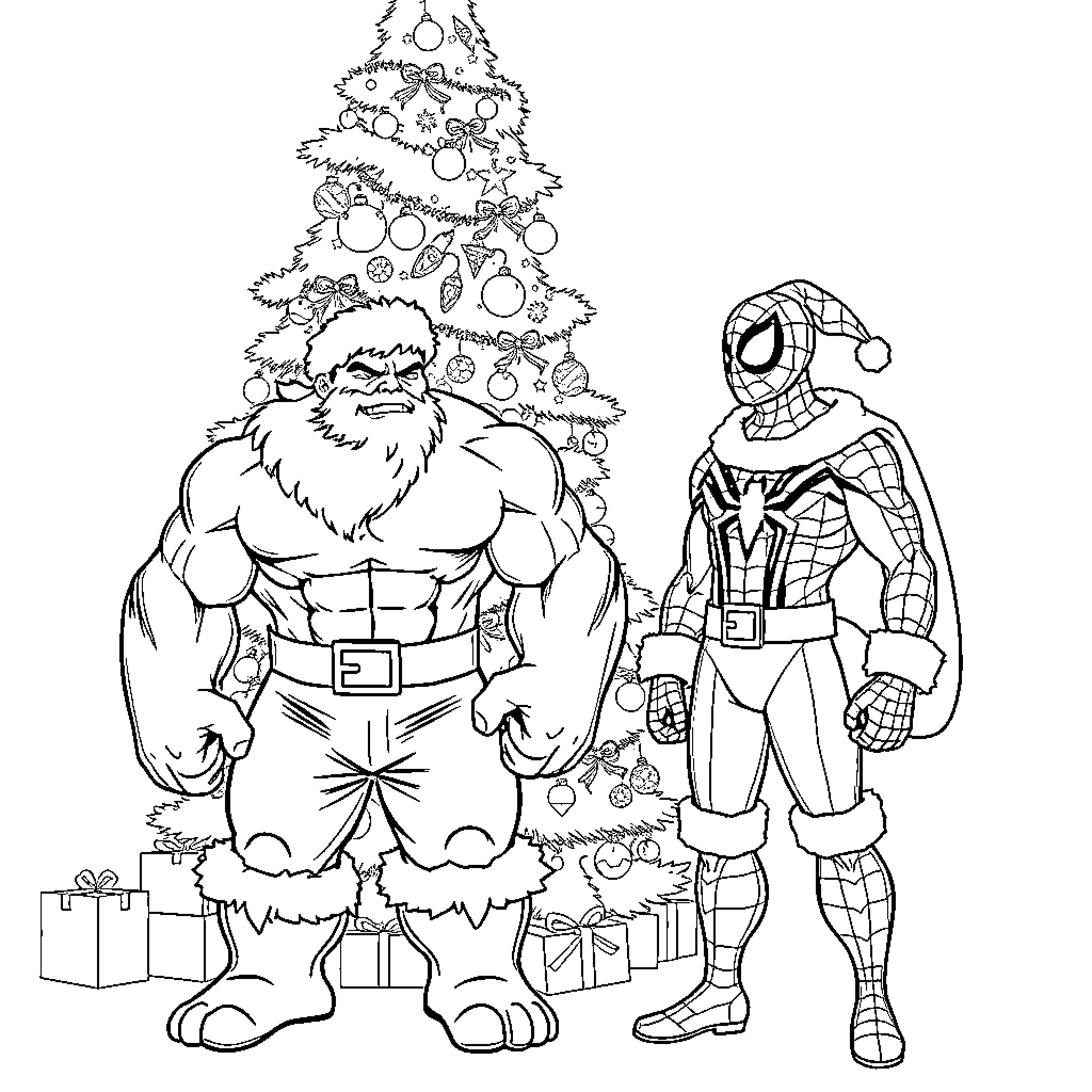 Hulk and Spider-Man Celebrating Christmas Together Coloring Page (free black-and-white line drawing printable PDF for all, from beginners to advanced learners, including children, teens, adults, and seniors)