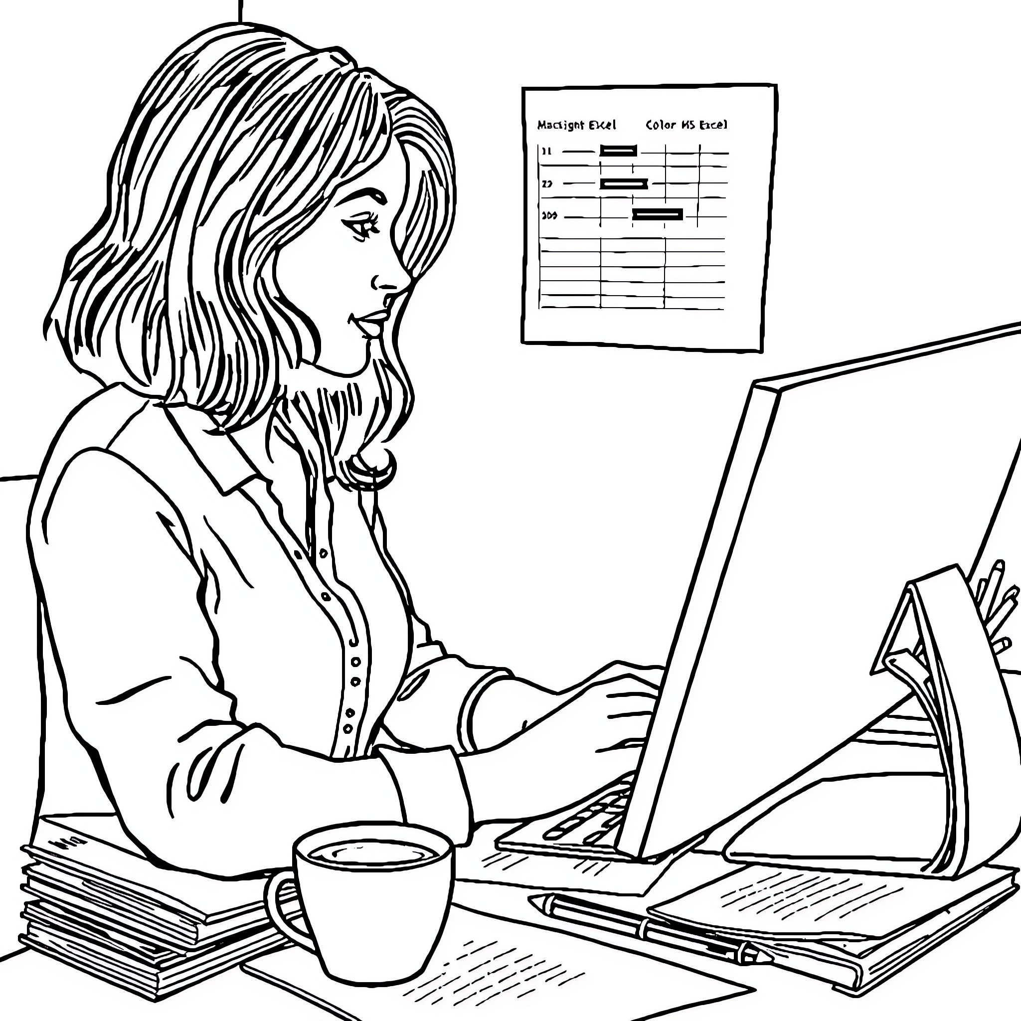 Woman working diligently on a laptop with paperwork Coloring Page (free black-and-white line drawing printable PDF for all, from beginners to advanced learners, including children, teens, adults, and seniors)