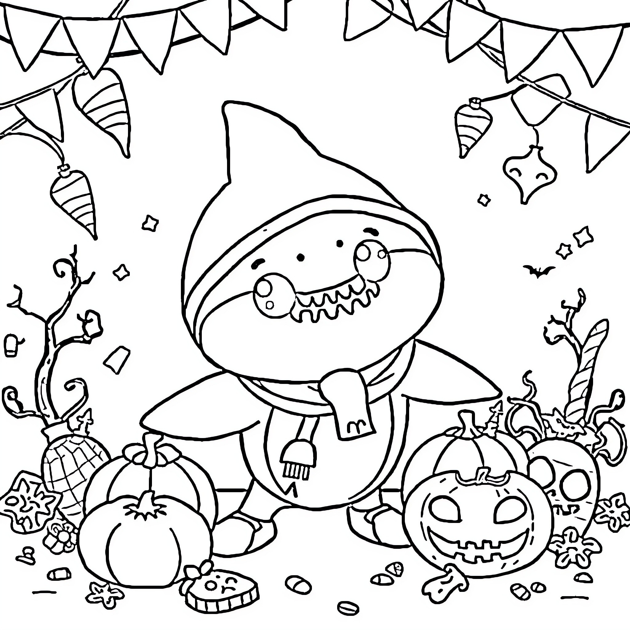 Shark enjoying a festive Halloween party Coloring Page (free black-and-white line drawing printable PDF for all, from beginners to advanced learners, including children, teens, adults, and seniors)