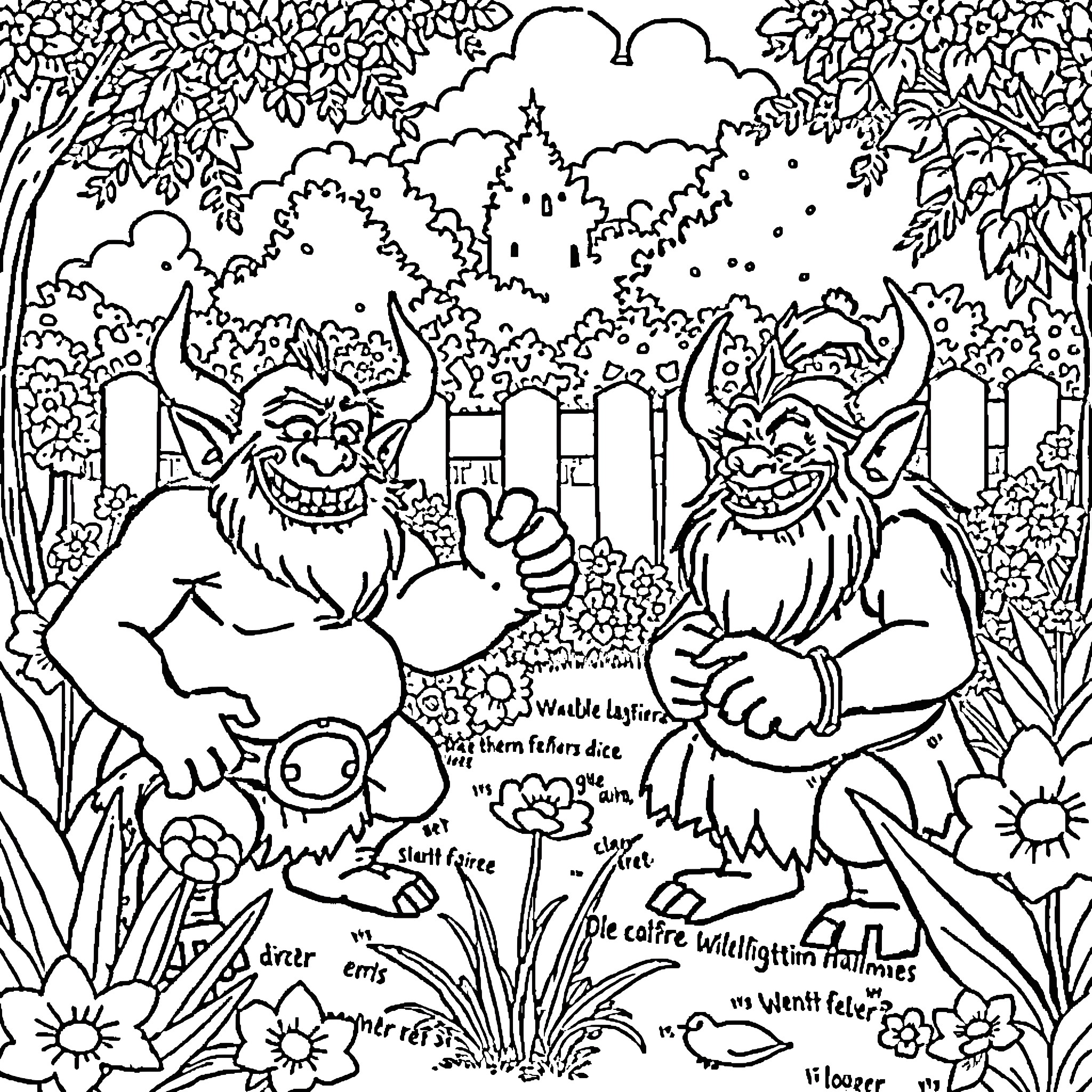 Ogres Mischievously Frolicking in the Enchanted Forest Coloring Page (free black-and-white line drawing printable PDF for all, from beginners to advanced learners, including children, teens, adults, and seniors)