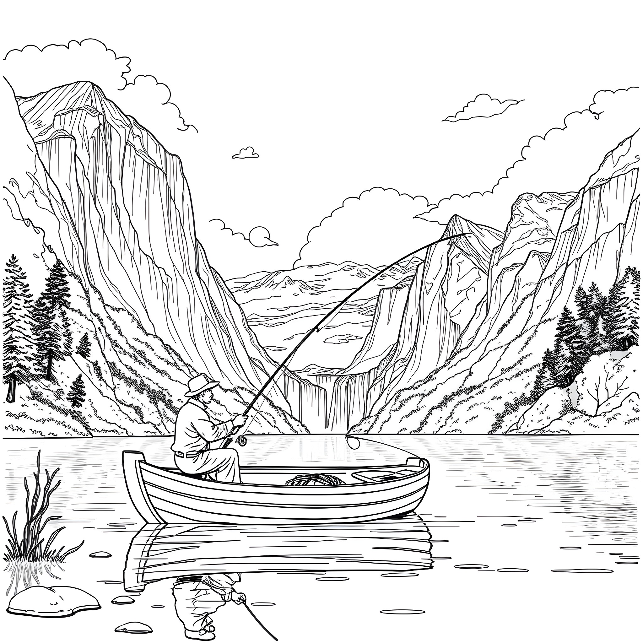Fishing in the serene mountain lake Coloring Page (free black-and-white line drawing printable PDF for all, from beginners to advanced learners, including children, teens, adults, and seniors)