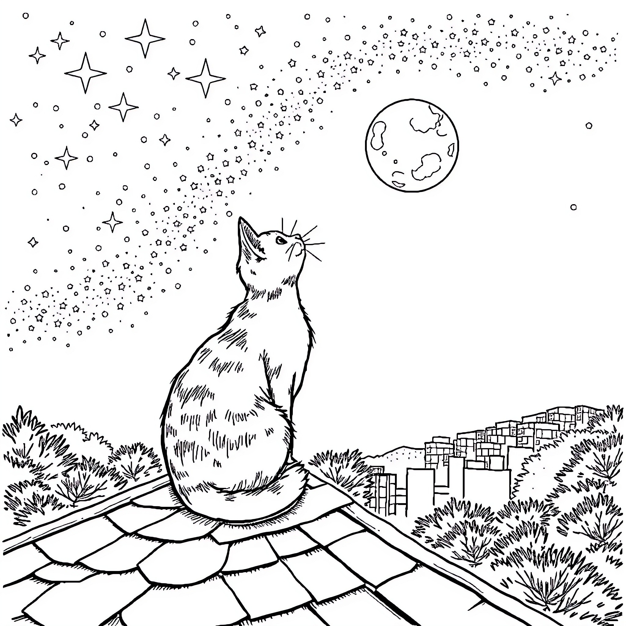 Cat gazing at the starry night sky Coloring Page (free black-and-white line drawing printable PDF for all, from beginners to advanced learners, including children, teens, adults, and seniors)