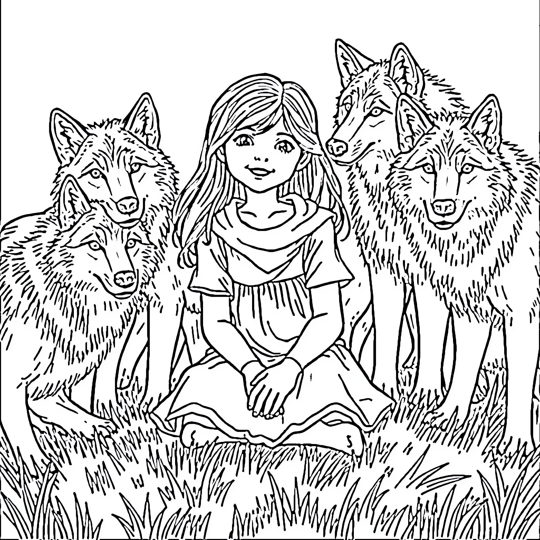 Girl interacting with a pack of wolves in the wild Coloring Page (free black-and-white line drawing printable PDF for all, from beginners to advanced learners, including children, teens, adults, and seniors)