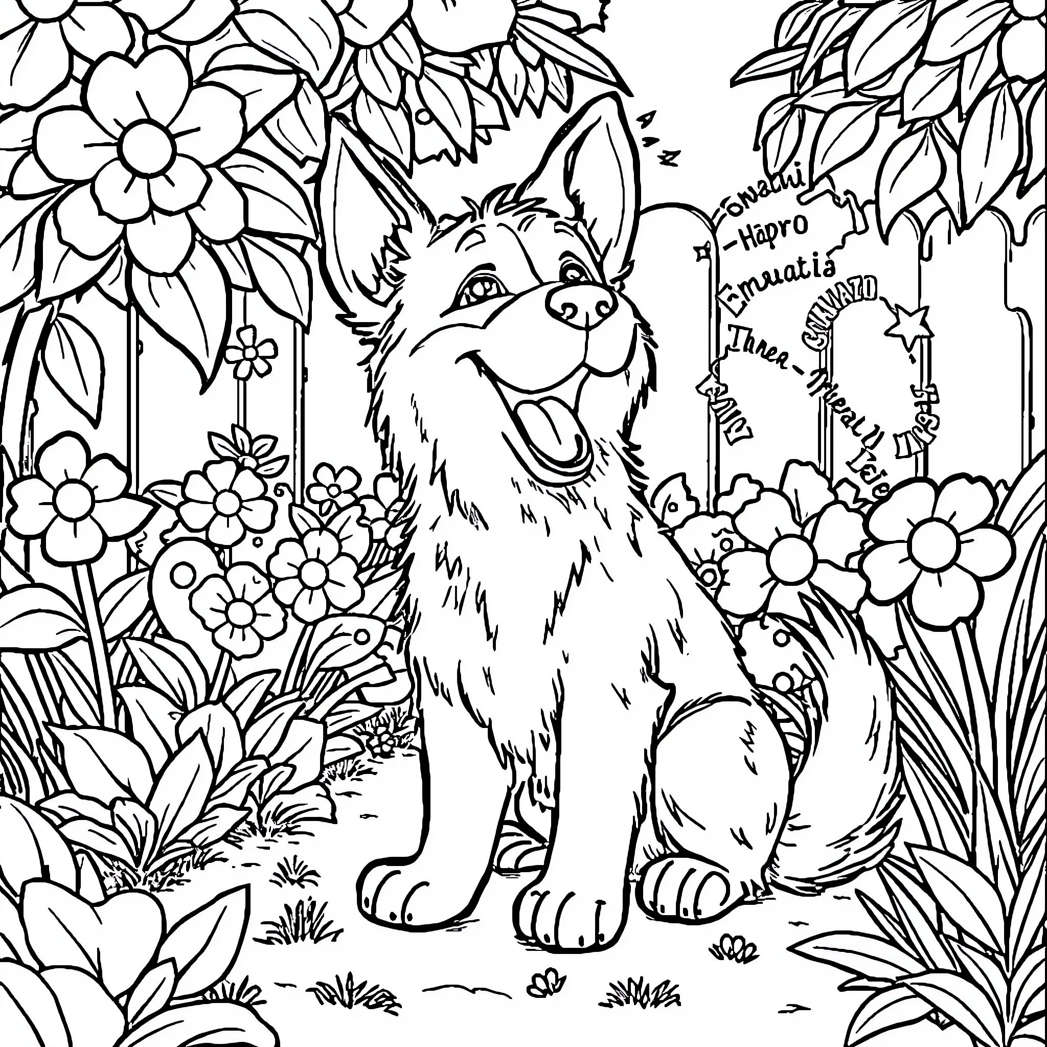 Dog enjoying a floral garden Coloring Page (free black-and-white line drawing printable PDF for all, from beginners to advanced learners, including children, teens, adults, and seniors)