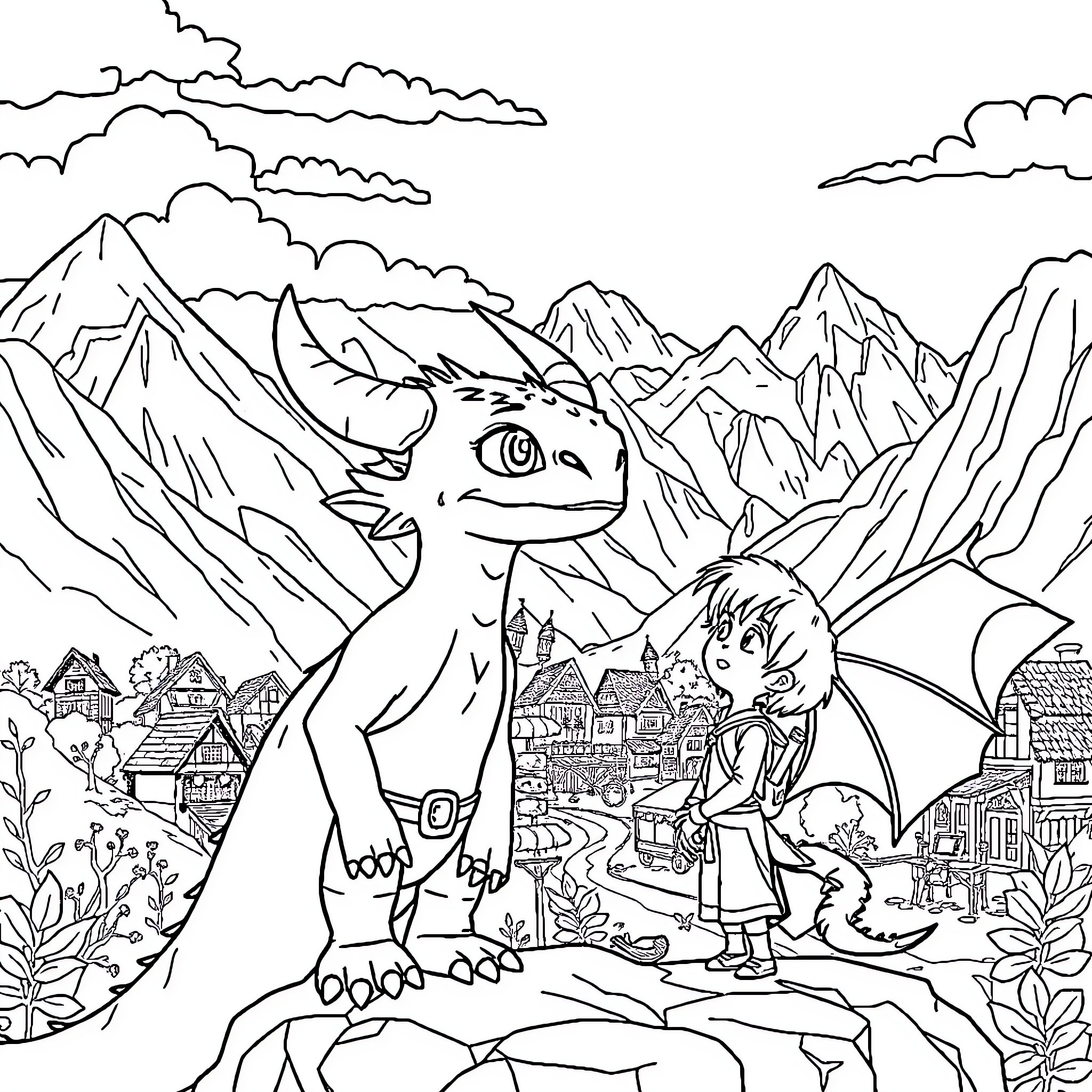 Dragon interacting with a person in a fantasy village Coloring Page (free black-and-white line drawing printable PDF for all, from beginners to advanced learners, including children, teens, adults, and seniors)