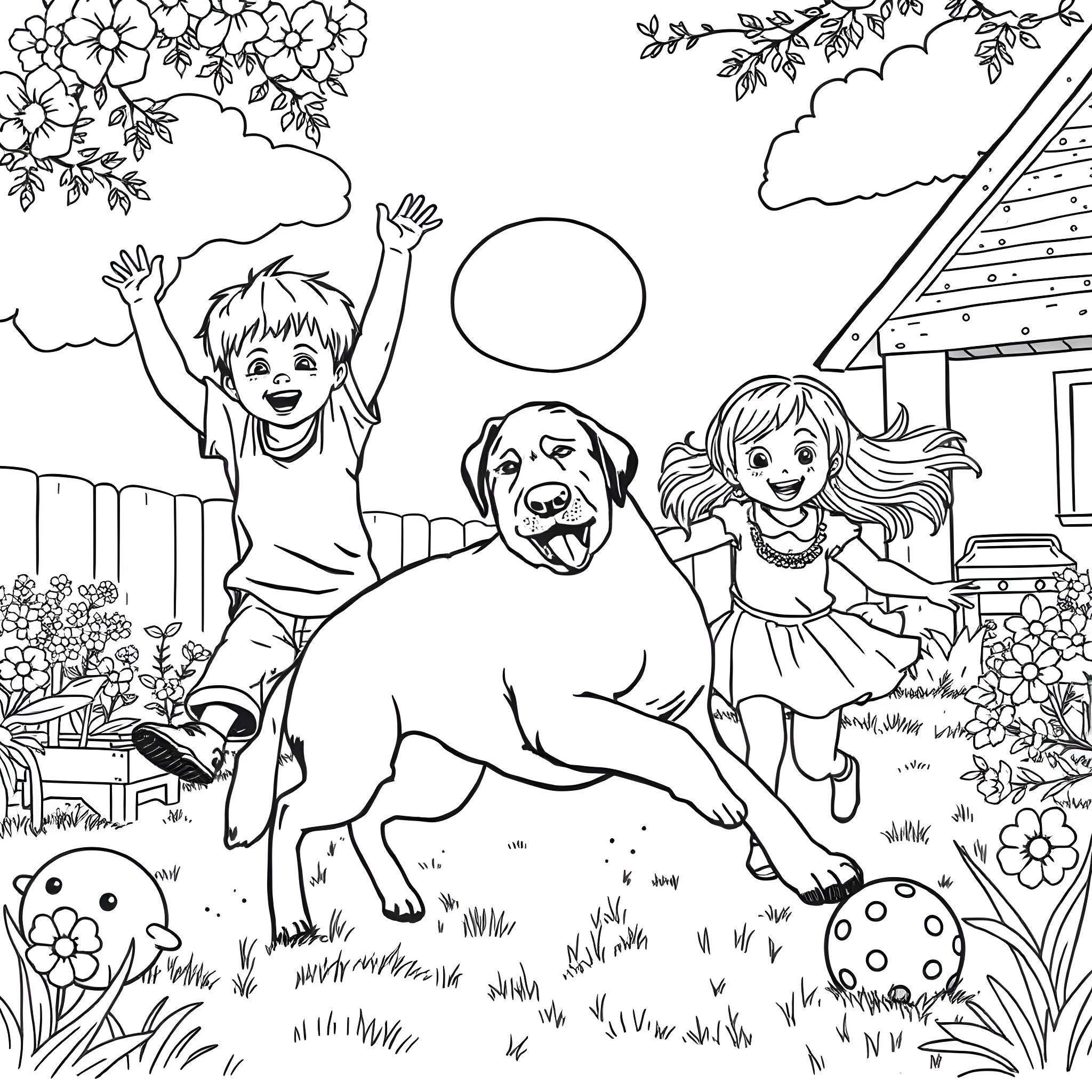 Rottweiler playing with children in a garden Coloring Page (free black-and-white line drawing printable PDF for all, from beginners to advanced learners, including children, teens, adults, and seniors)
