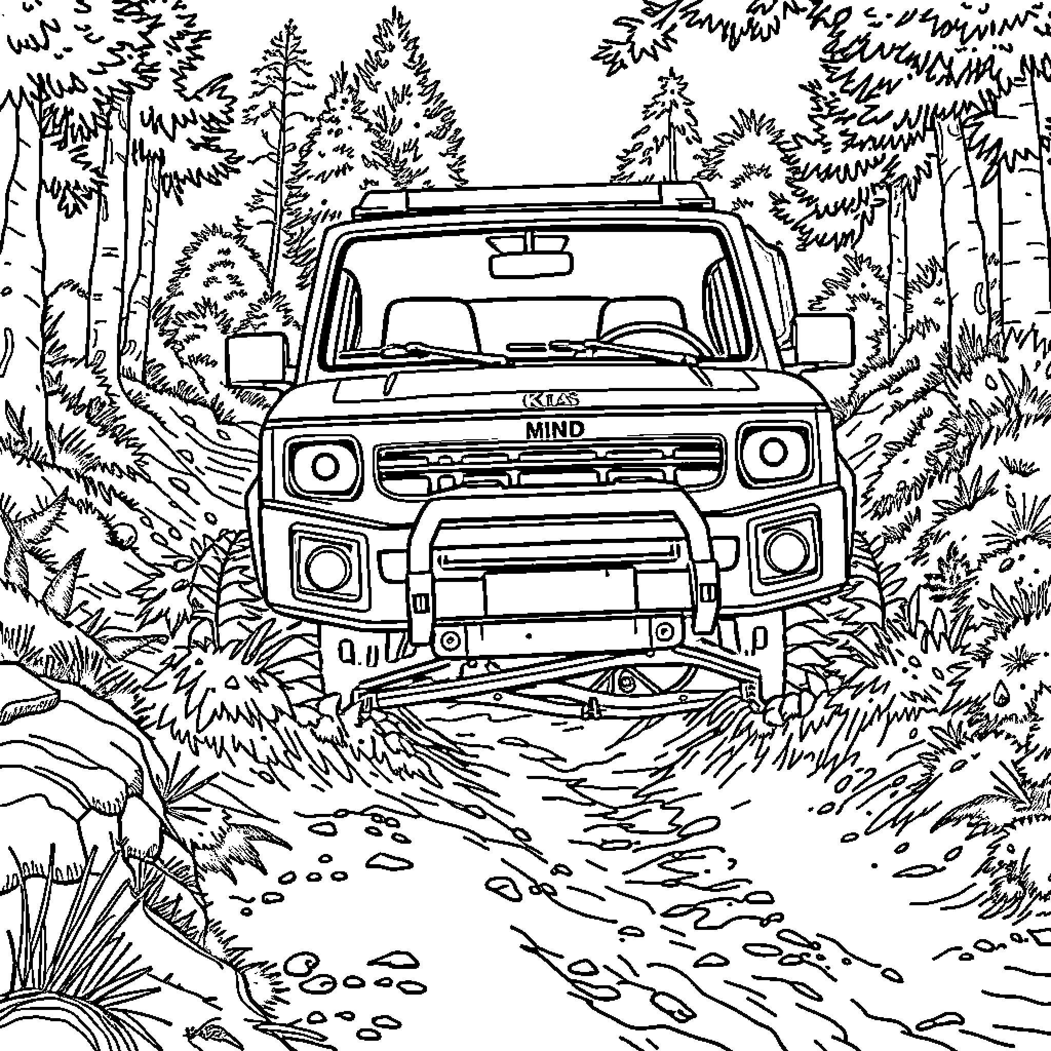 Kia Sonet SUV traversing rugged forest terrain Coloring Page (free black-and-white line drawing printable PDF for all, from beginners to advanced learners, including children, teens, adults, and seniors)