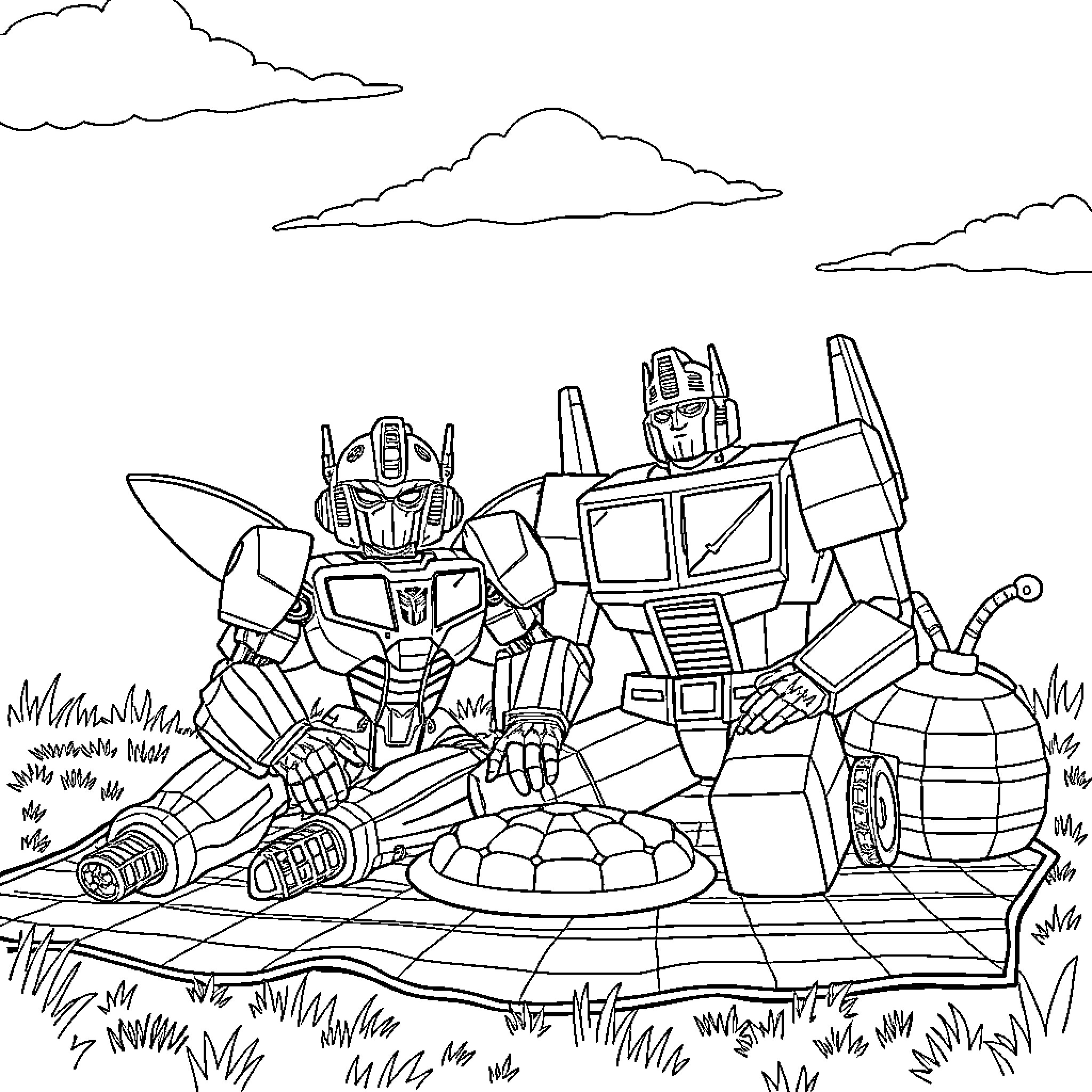 Optimus Prime leading a group of Autobots in an outdoor scene Coloring Page (free black-and-white line drawing printable PDF for all, from beginners to advanced learners, including children, teens, adults, and seniors)
