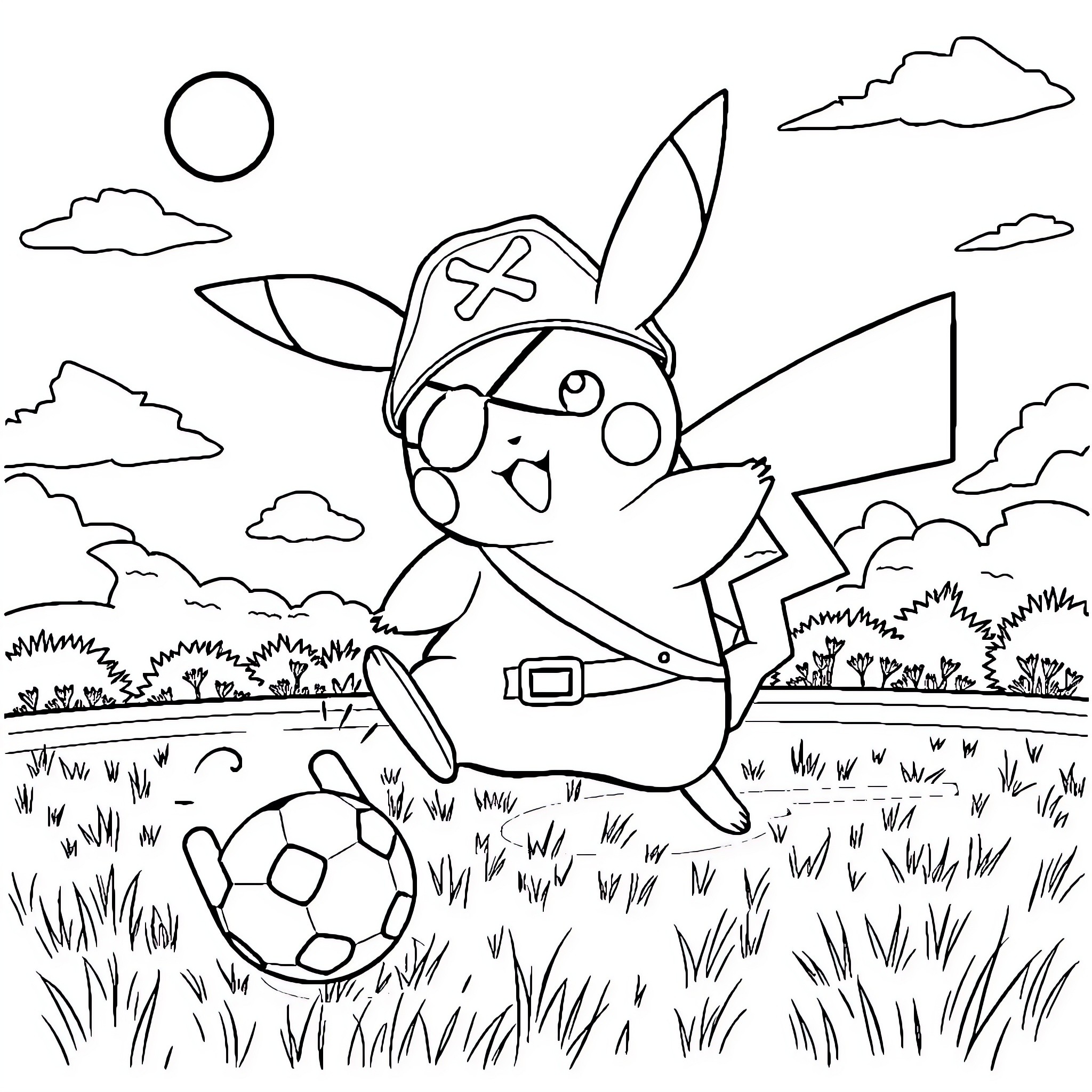 Pikachu playing soccer in the field Coloring Page (free black-and-white line drawing printable PDF for all, from beginners to advanced learners, including children, teens, adults, and seniors)