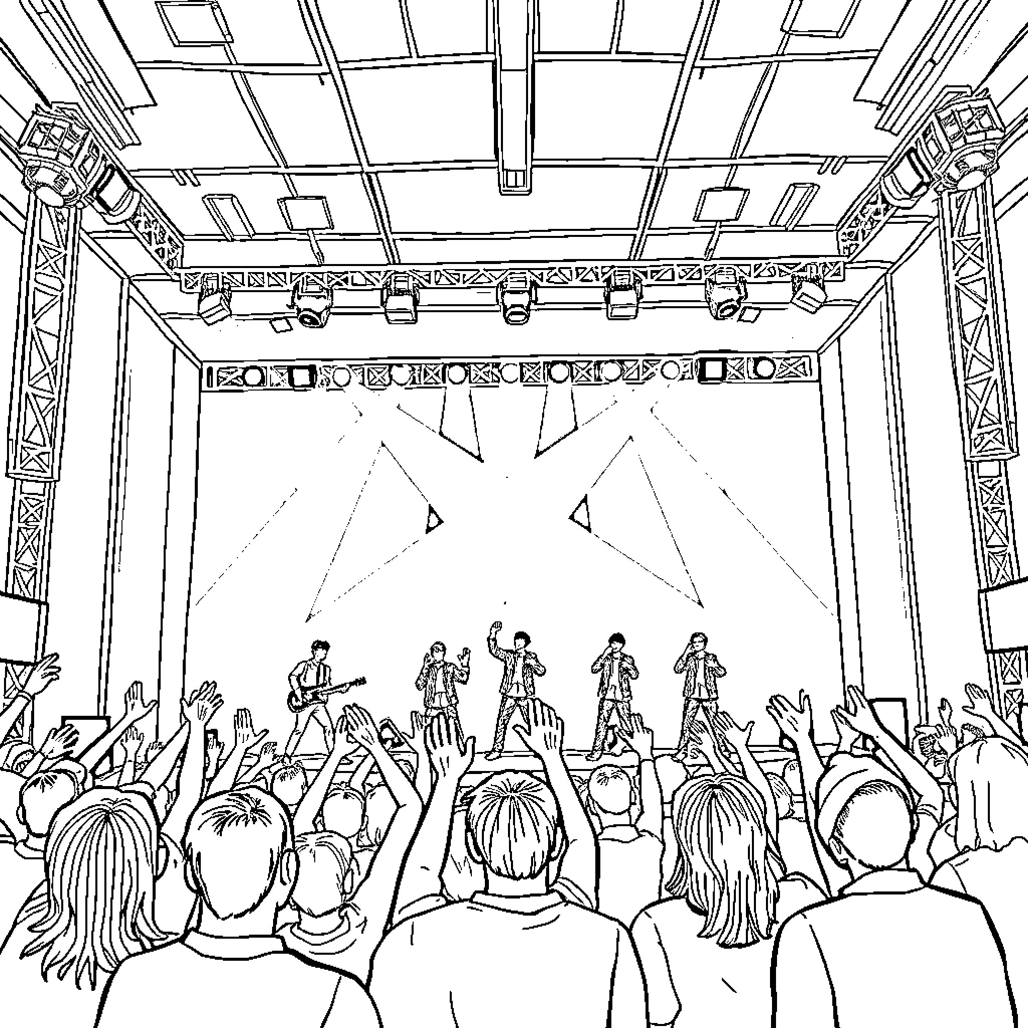 BTS Performing on Stage to Cheering Crowd Coloring Page (free black-and-white line drawing printable PDF for all, from beginners to advanced learners, including children, teens, adults, and seniors)