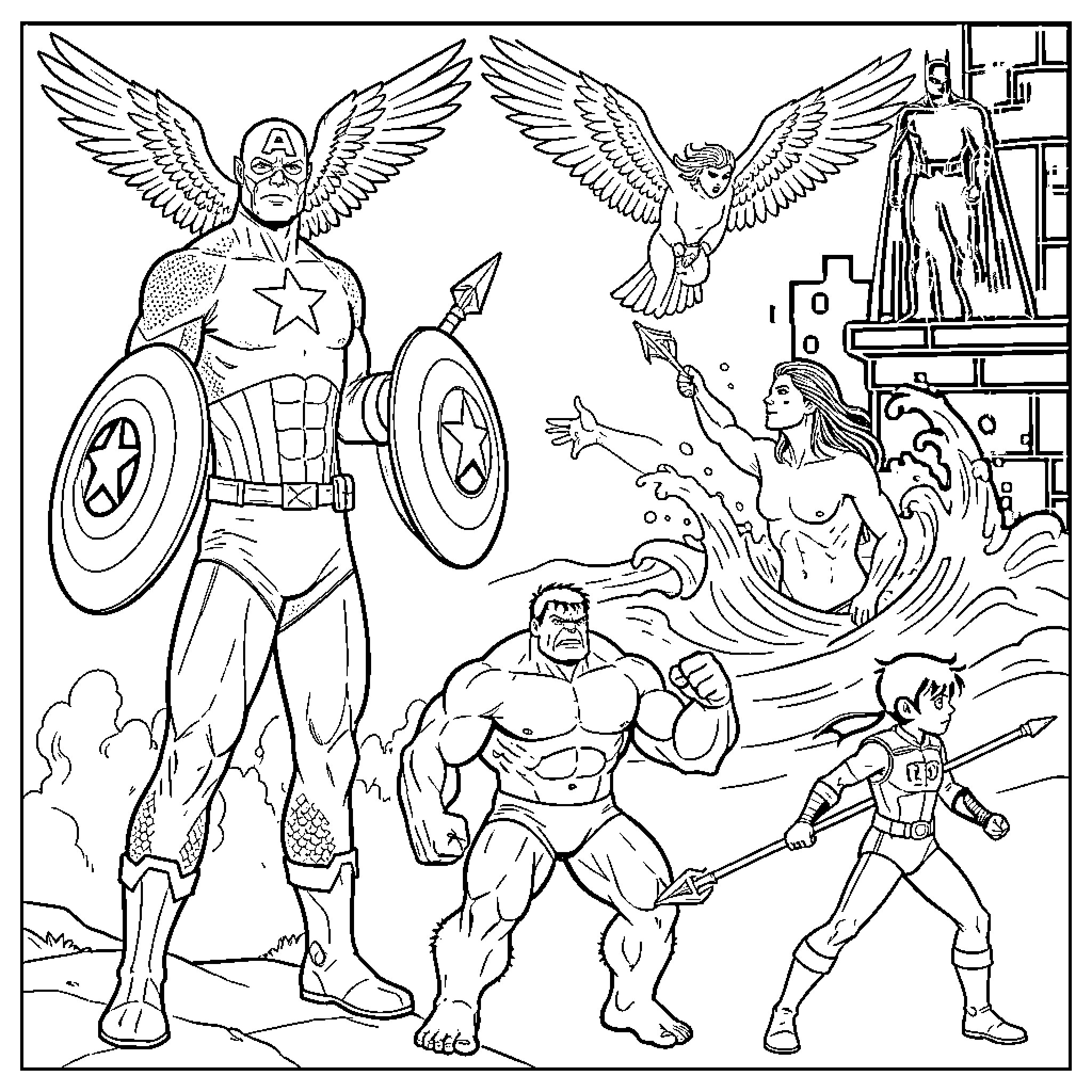 Superhero characters in action-packed scene Coloring Page (free black-and-white line drawing printable PDF for all, from beginners to advanced learners, including children, teens, adults, and seniors)