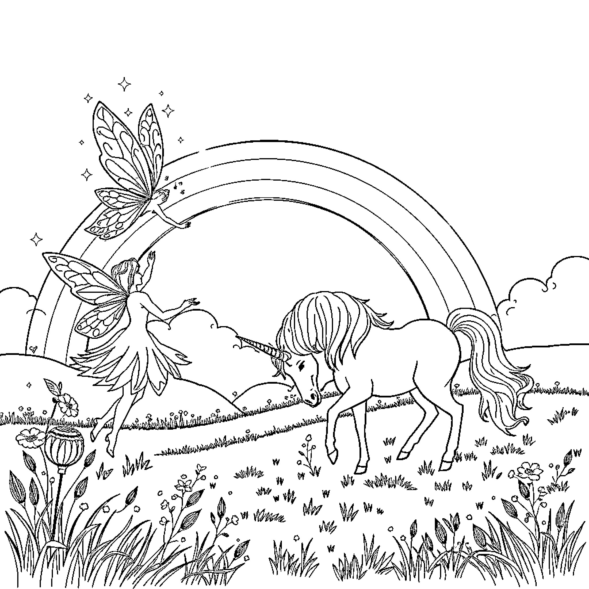Fairy unicorn explores magical meadow with butterflies Coloring Page (free black-and-white line drawing printable PDF for all, from beginners to advanced learners, including children, teens, adults, and seniors)
