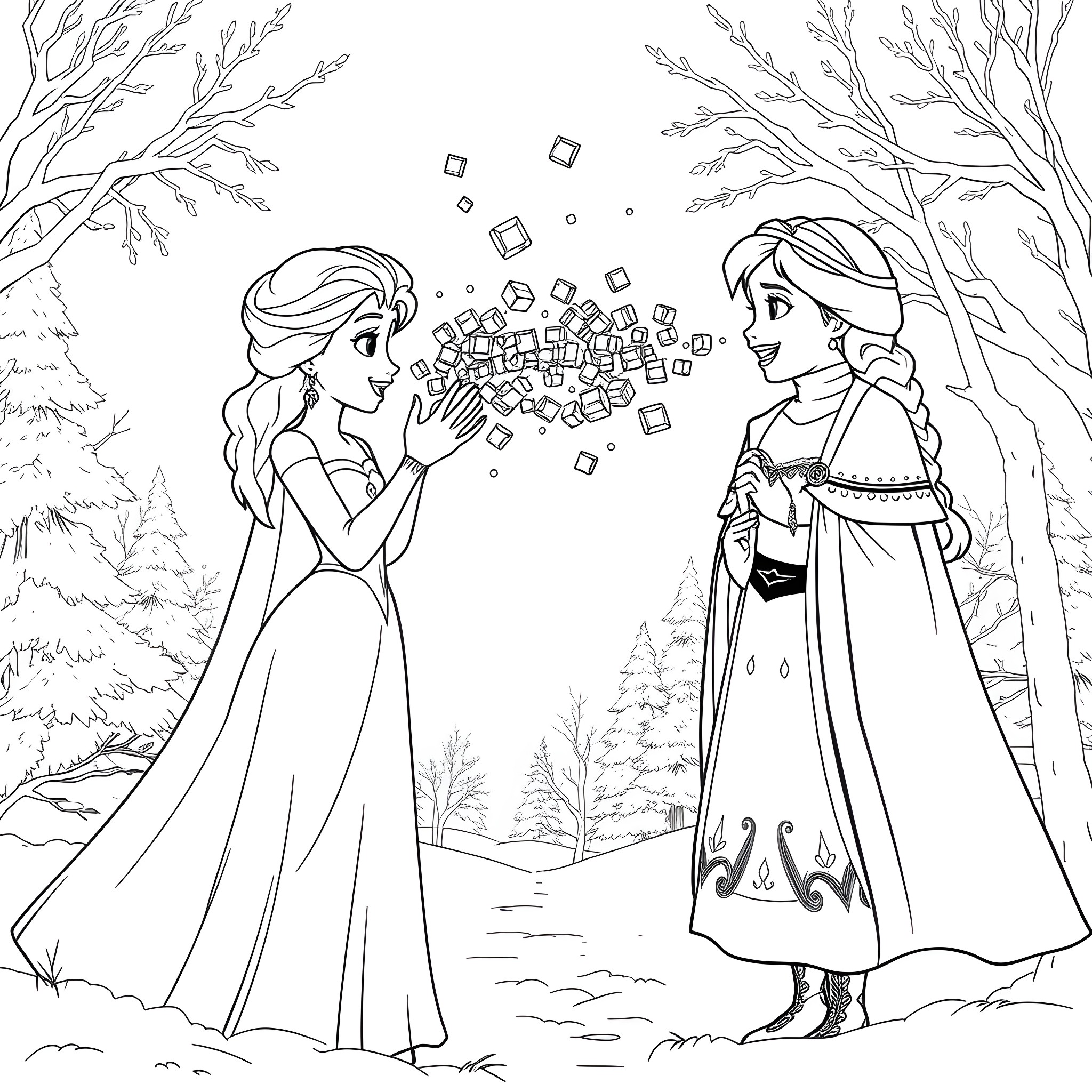 Princess Sisters Sharing Magical Moment in Snowy Wonderland Coloring Page (free black-and-white line drawing printable PDF for all, from beginners to advanced learners, including children, teens, adults, and seniors)
