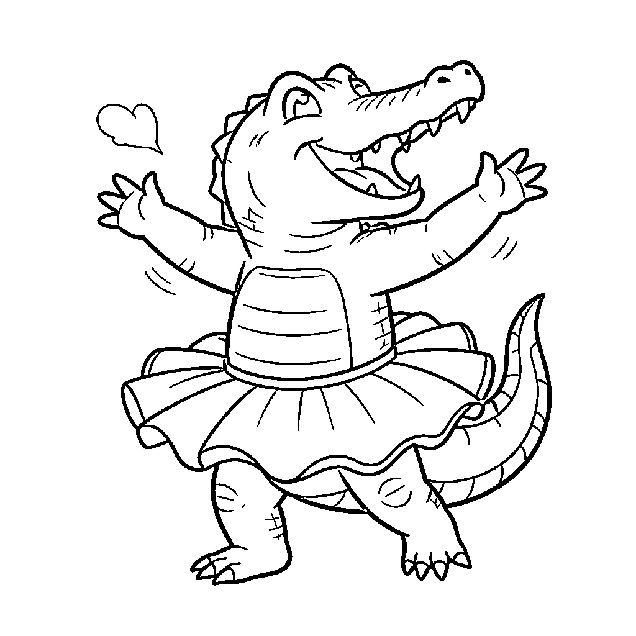 Crocodile dancing joyfully in a tutu Coloring Page (free black-and-white line drawing printable PDF for all, from beginners to advanced learners, including children, teens, adults, and seniors)