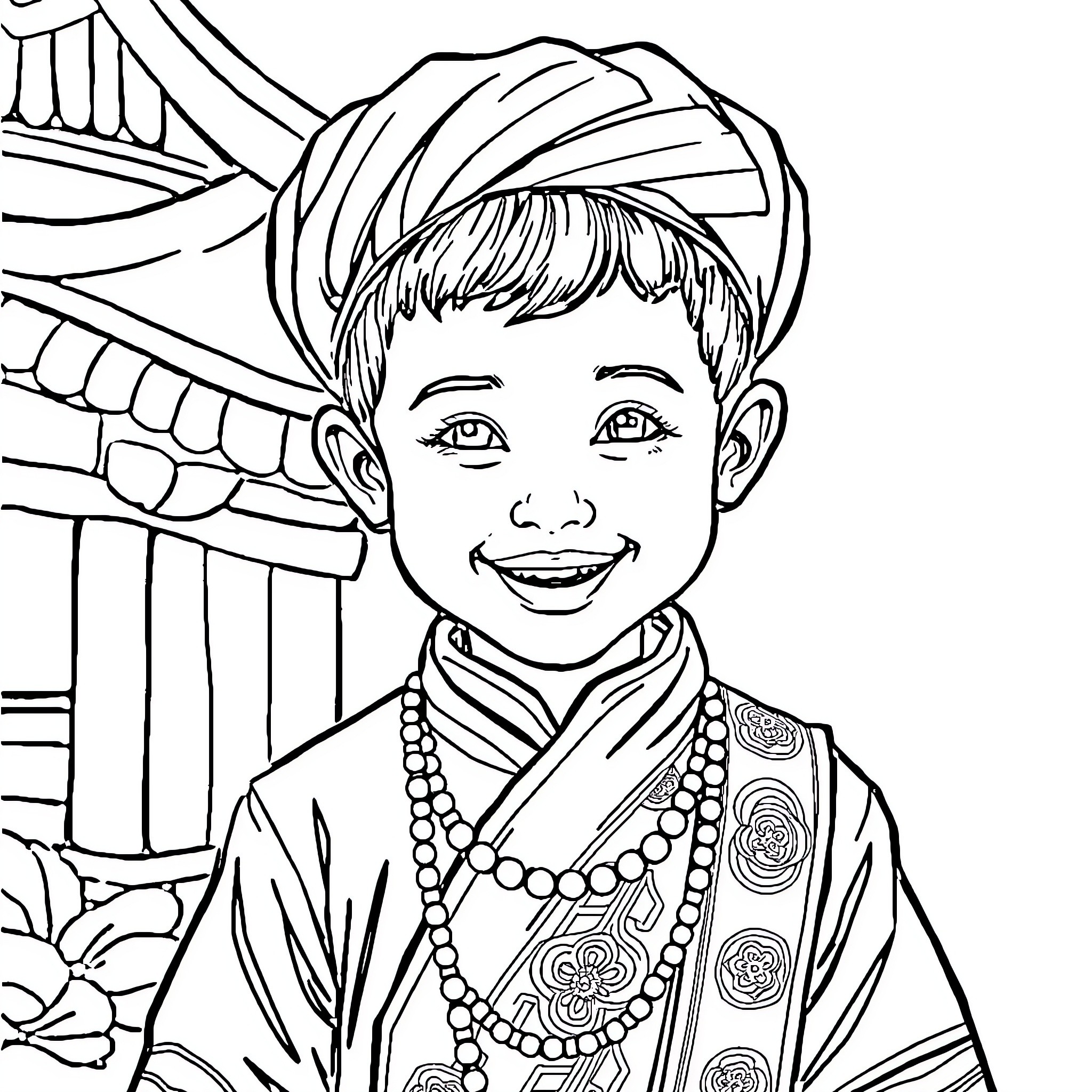 Saja Boy in Traditional Attire and Accessories Coloring Page (free black-and-white line drawing printable PDF for all, from beginners to advanced learners, including children, teens, adults, and seniors)