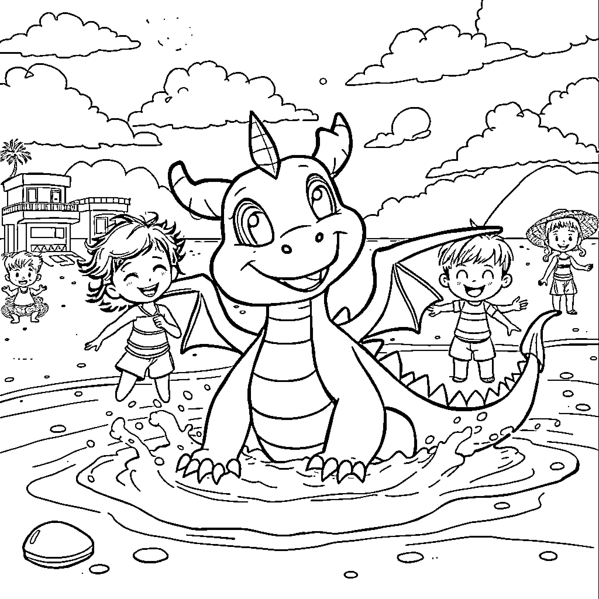 Dragon friends enjoying a day at the beach Coloring Page (free black-and-white line drawing printable PDF for all, from beginners to advanced learners, including children, teens, adults, and seniors)