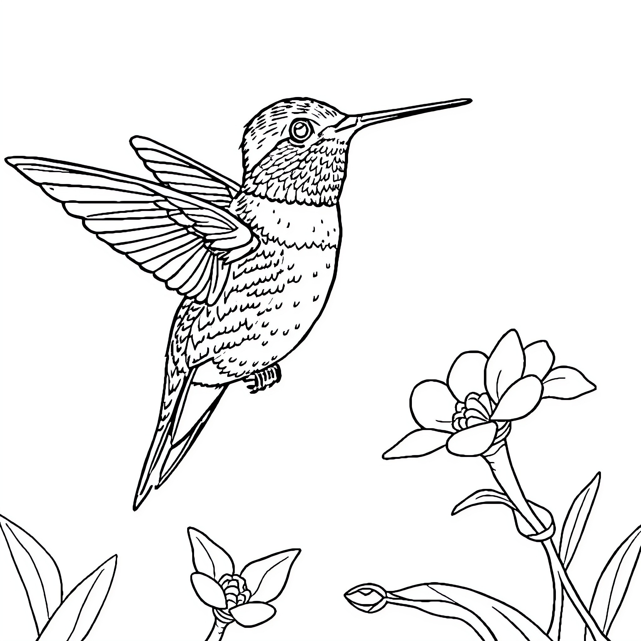 Hummingbird hovering near blooming flowers Coloring Page (free black-and-white line drawing printable PDF for all, from beginners to advanced learners, including children, teens, adults, and seniors)