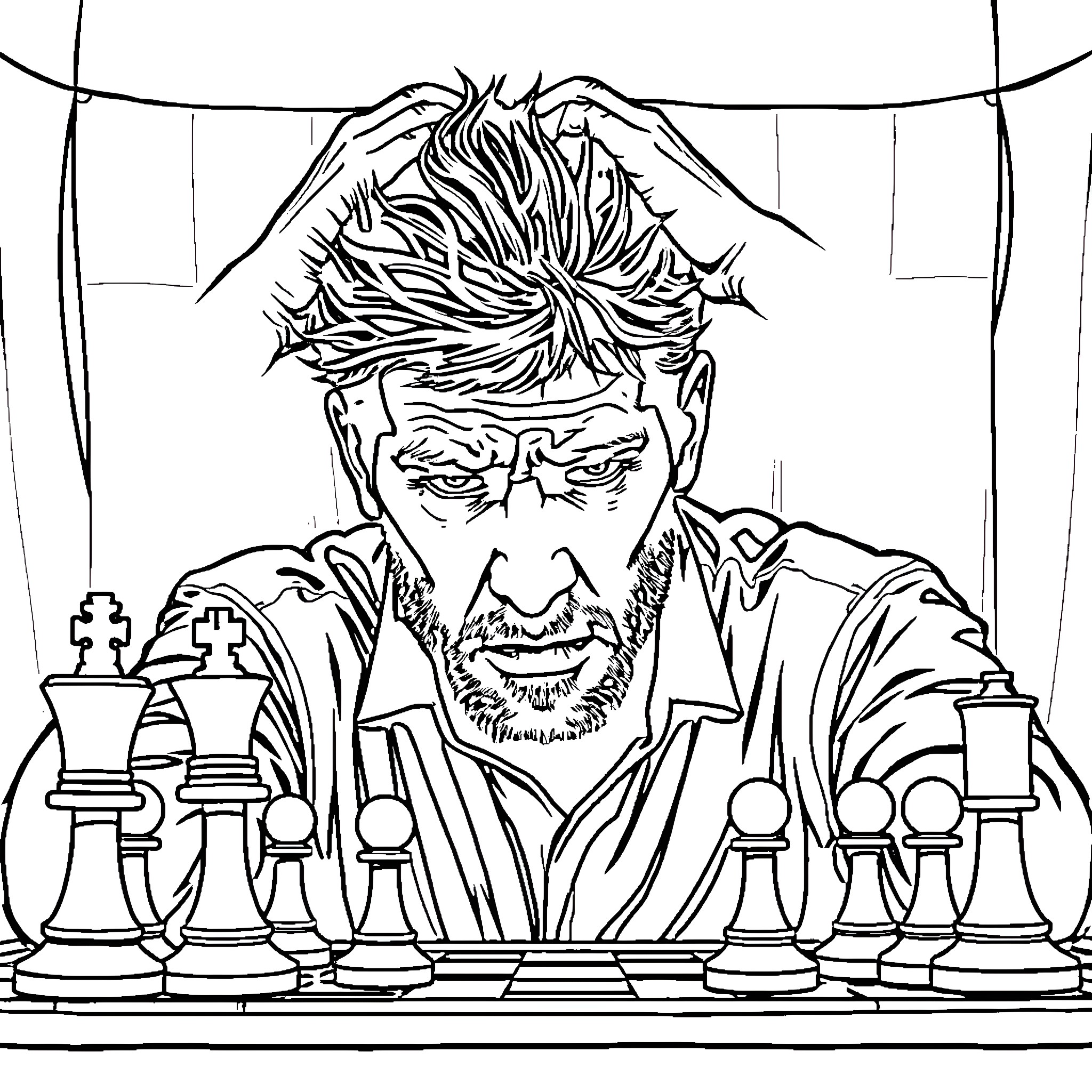 Magnus Carlsen Focused on Chess Match Coloring Page (free black-and-white line drawing printable PDF for all, from beginners to advanced learners, including children, teens, adults, and seniors)