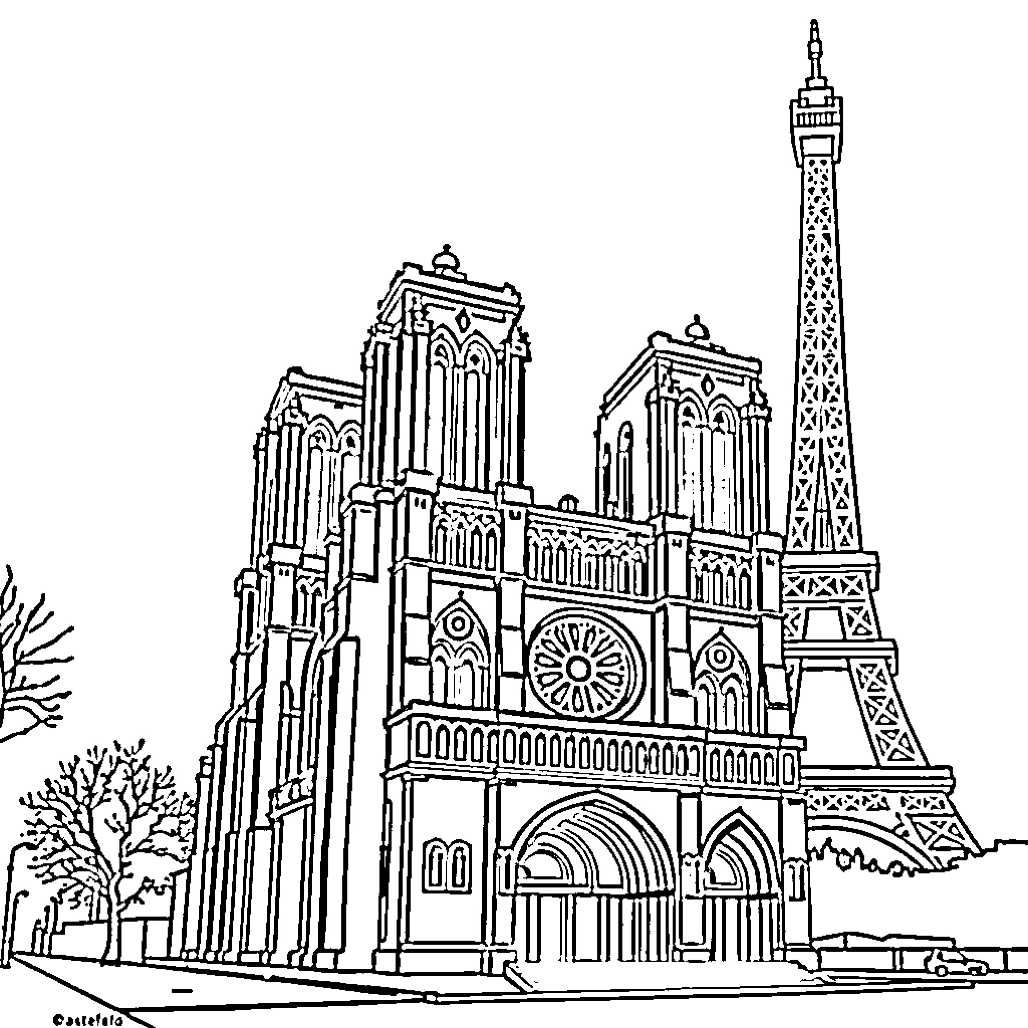 Jorobado's Journey Through Iconic Parisian Landmarks Coloring Page (free black-and-white line drawing printable PDF for all, from beginners to advanced learners, including children, teens, adults, and seniors)