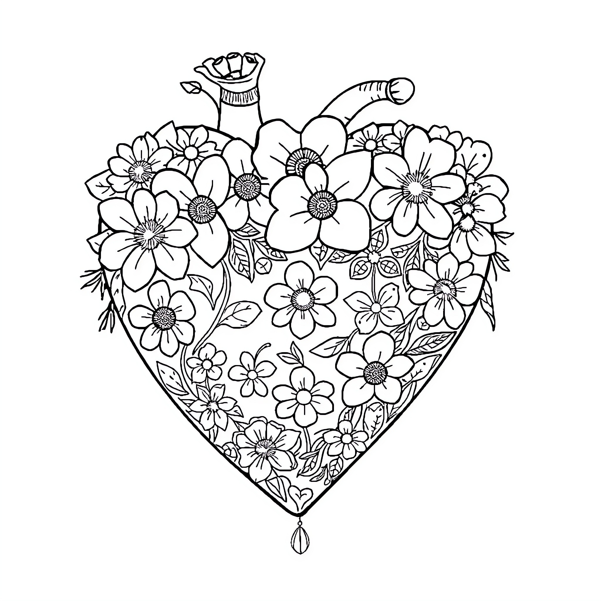 Heart Filled with Vibrant Floral Arrangements Coloring Page (free black-and-white line drawing printable PDF for all, from beginners to advanced learners, including children, teens, adults, and seniors)