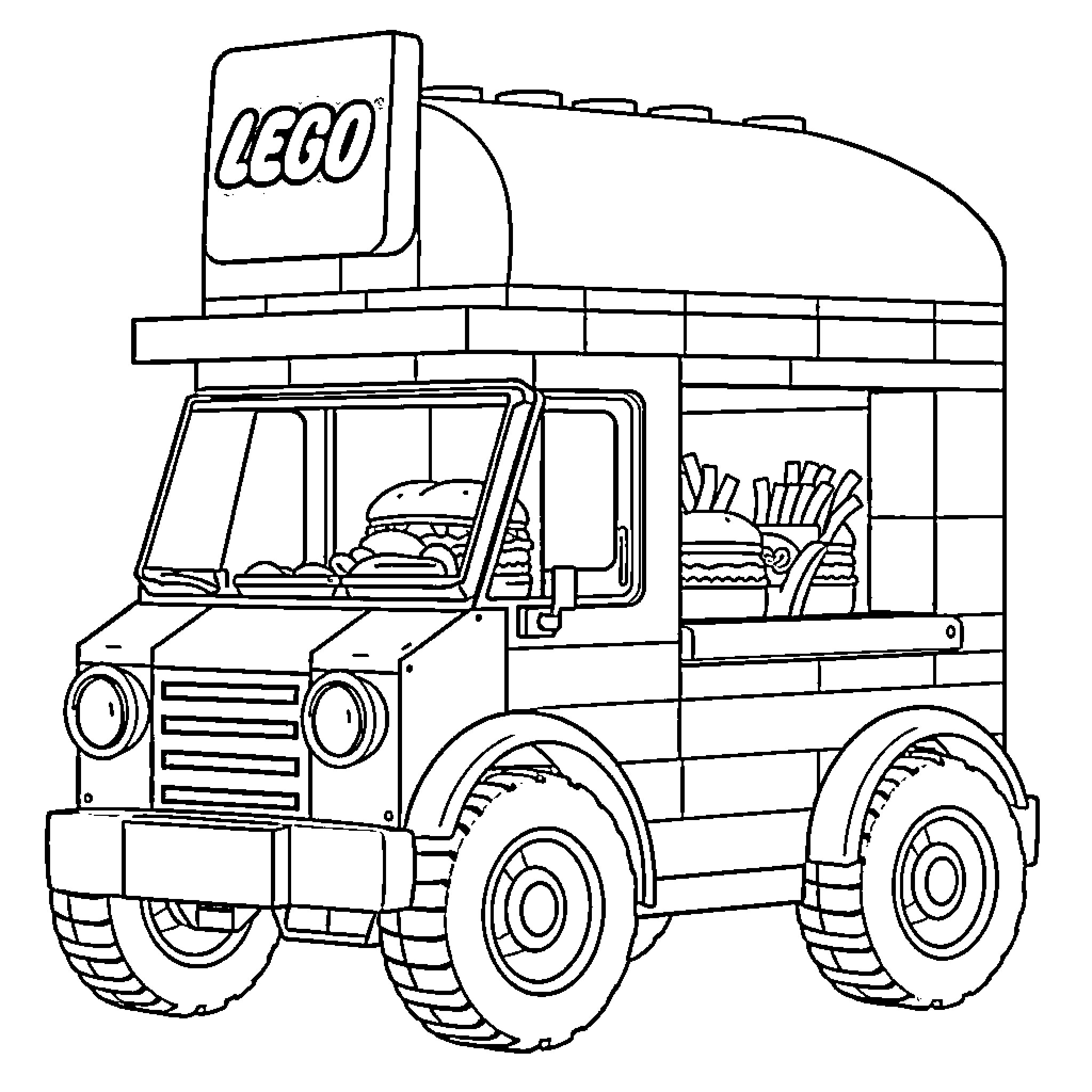 Burger Truck selling snacks and toys Coloring Page (free black-and-white line drawing printable PDF for all, from beginners to advanced learners, including children, teens, adults, and seniors)