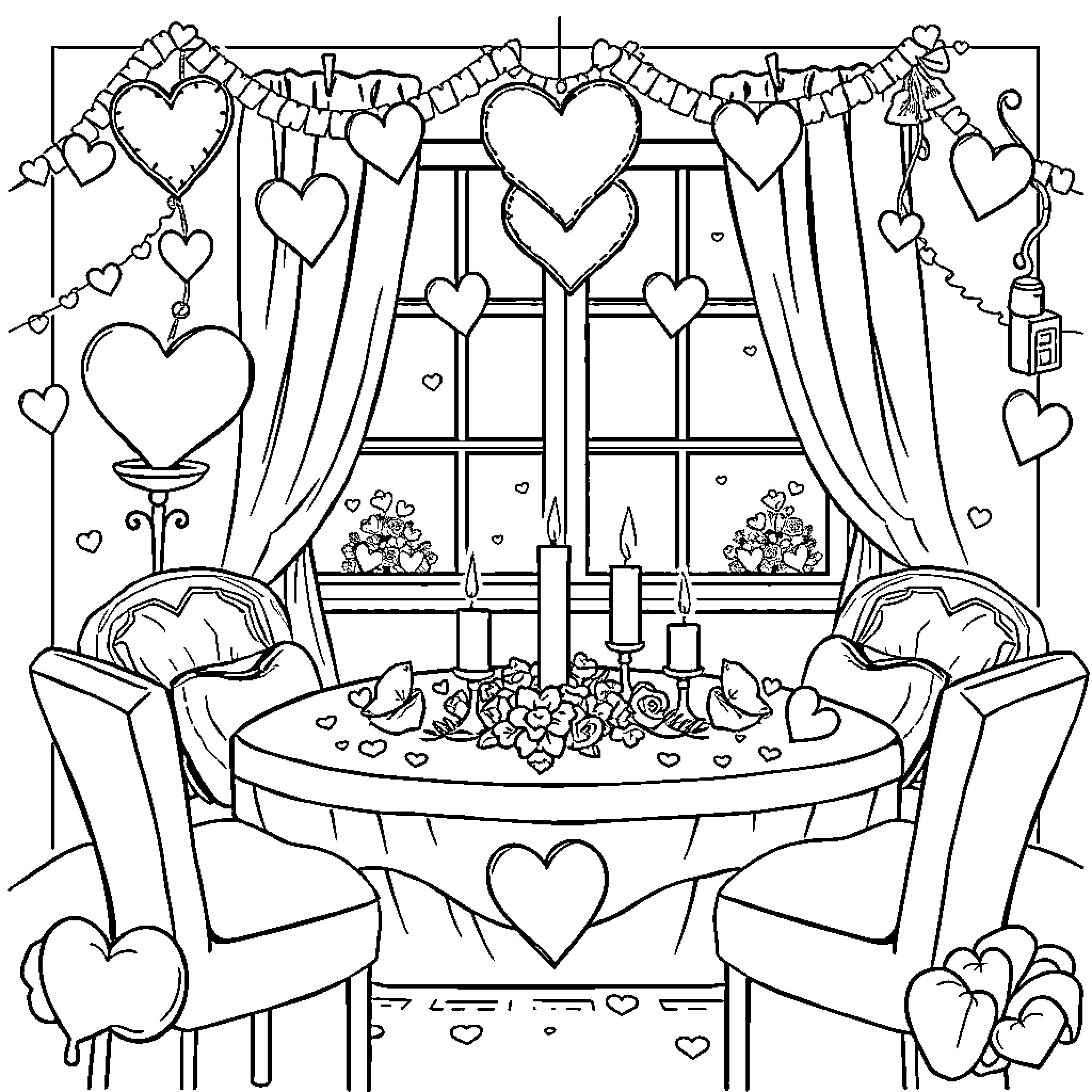 Valentine's Day Romantic Dining Scene Coloring Page (free black-and-white line drawing printable PDF for all, from beginners to advanced learners, including children, teens, adults, and seniors)