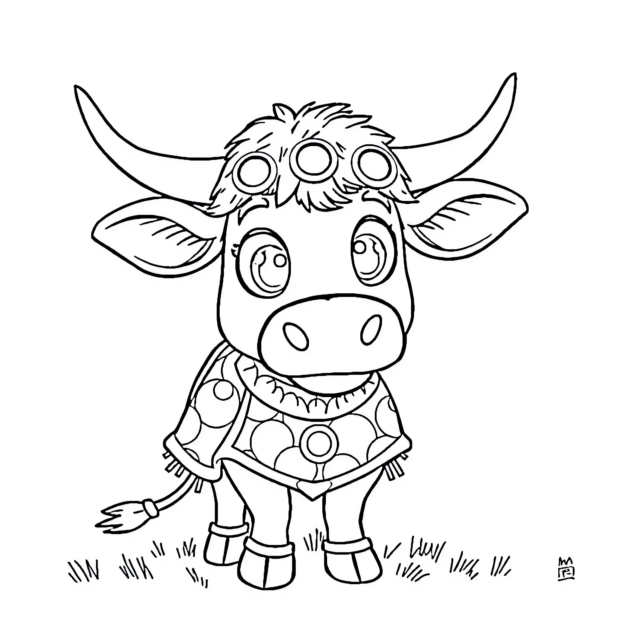 Highland Cow with Quirky Accessories Coloring Page (free black-and-white line drawing printable PDF for all, from beginners to advanced learners, including children, teens, adults, and seniors)