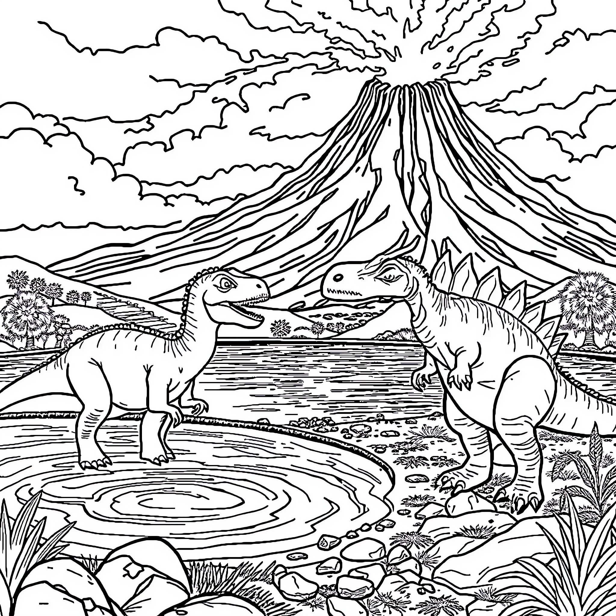 Dinosaurs exploring a volcanic landscape Coloring Page (free black-and-white line drawing printable PDF for all, from beginners to advanced learners, including children, teens, adults, and seniors)
