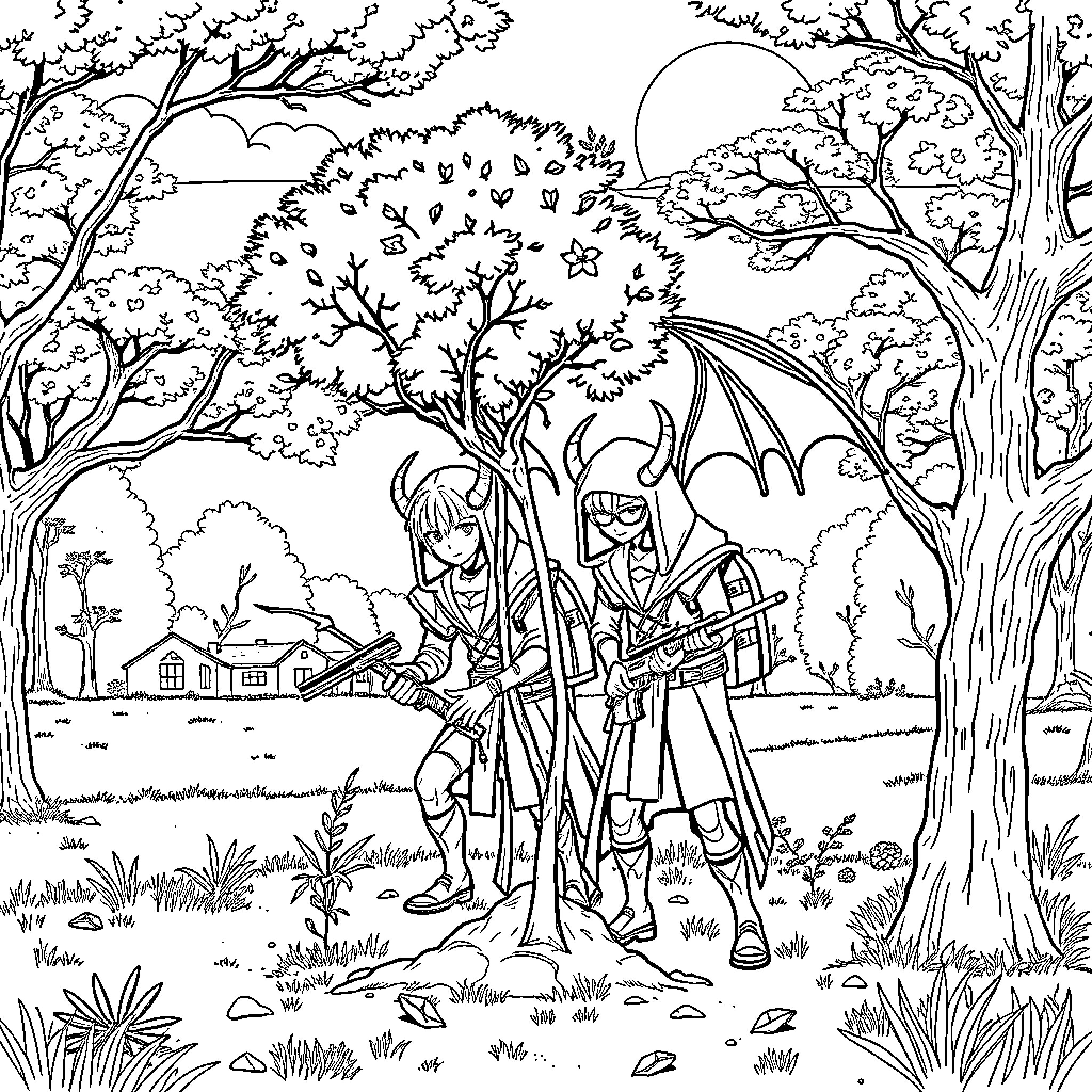 Demon Hunters Exploring the Enchanted Forest Coloring Page (free black-and-white line drawing printable PDF for all, from beginners to advanced learners, including children, teens, adults, and seniors)