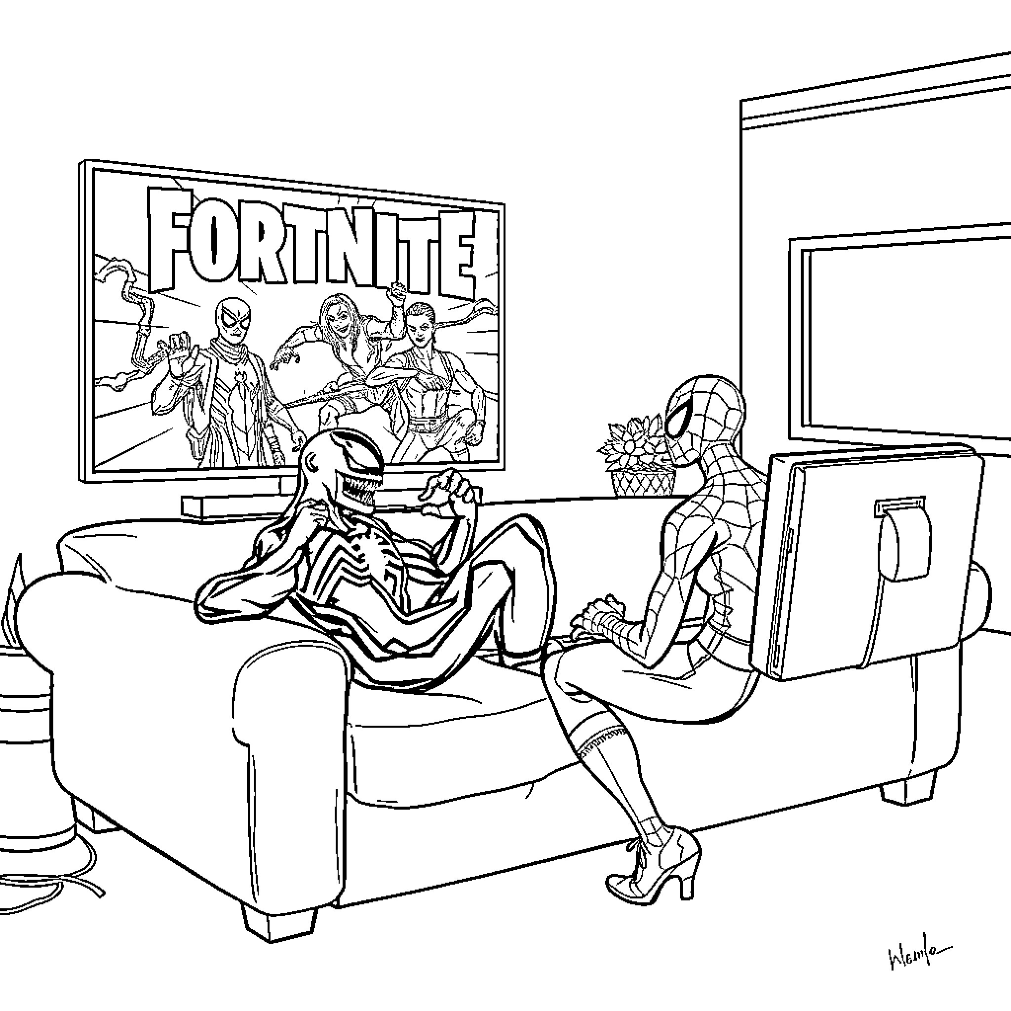 Venom characters battle on Fortnite game screen Coloring Page (free black-and-white line drawing printable PDF for all, from beginners to advanced learners, including children, teens, adults, and seniors)