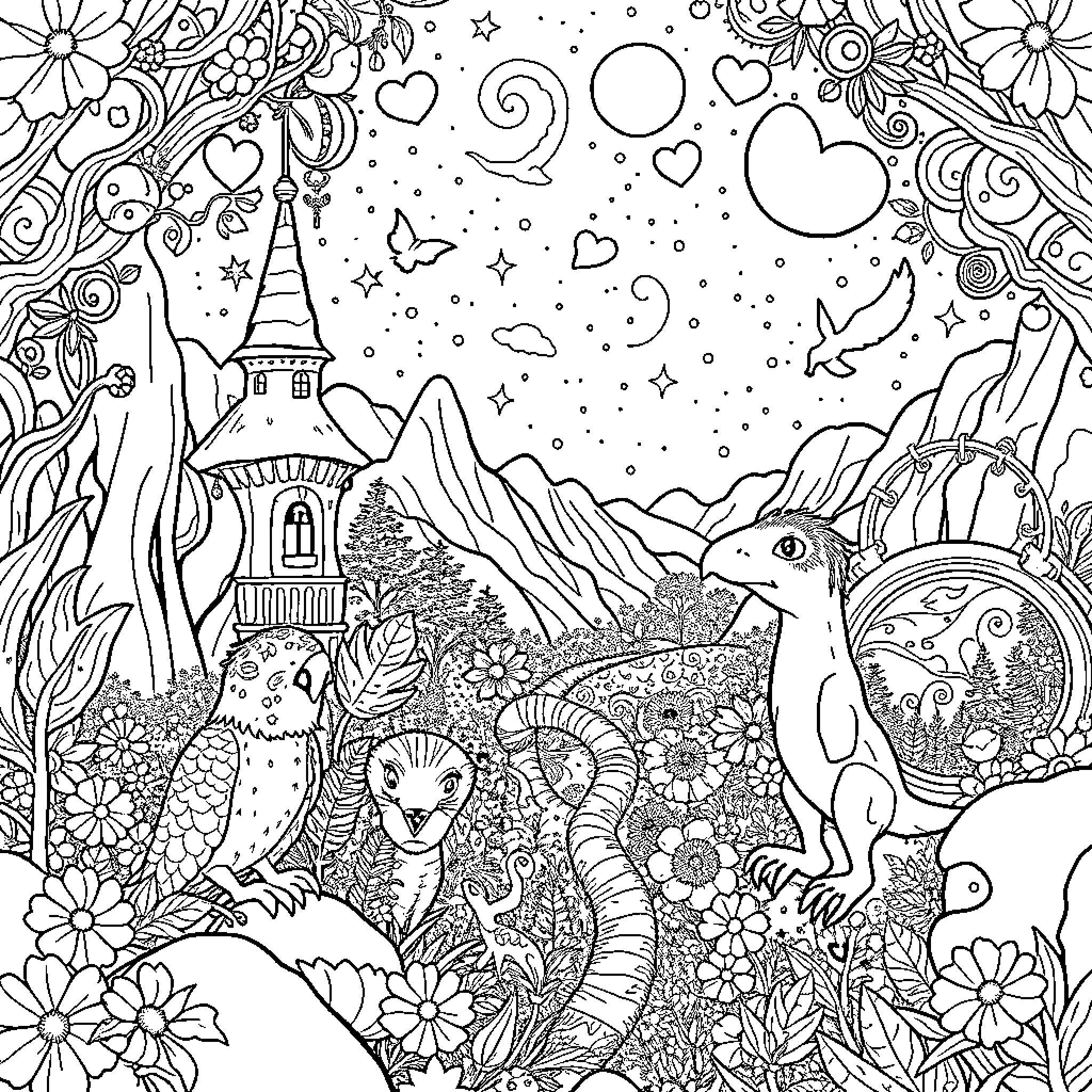 World of Enchanted Fantasy Creatures and Whimsical Landscapes Coloring Page (free black-and-white line drawing printable PDF for all, from beginners to advanced learners, including children, teens, adults, and seniors)