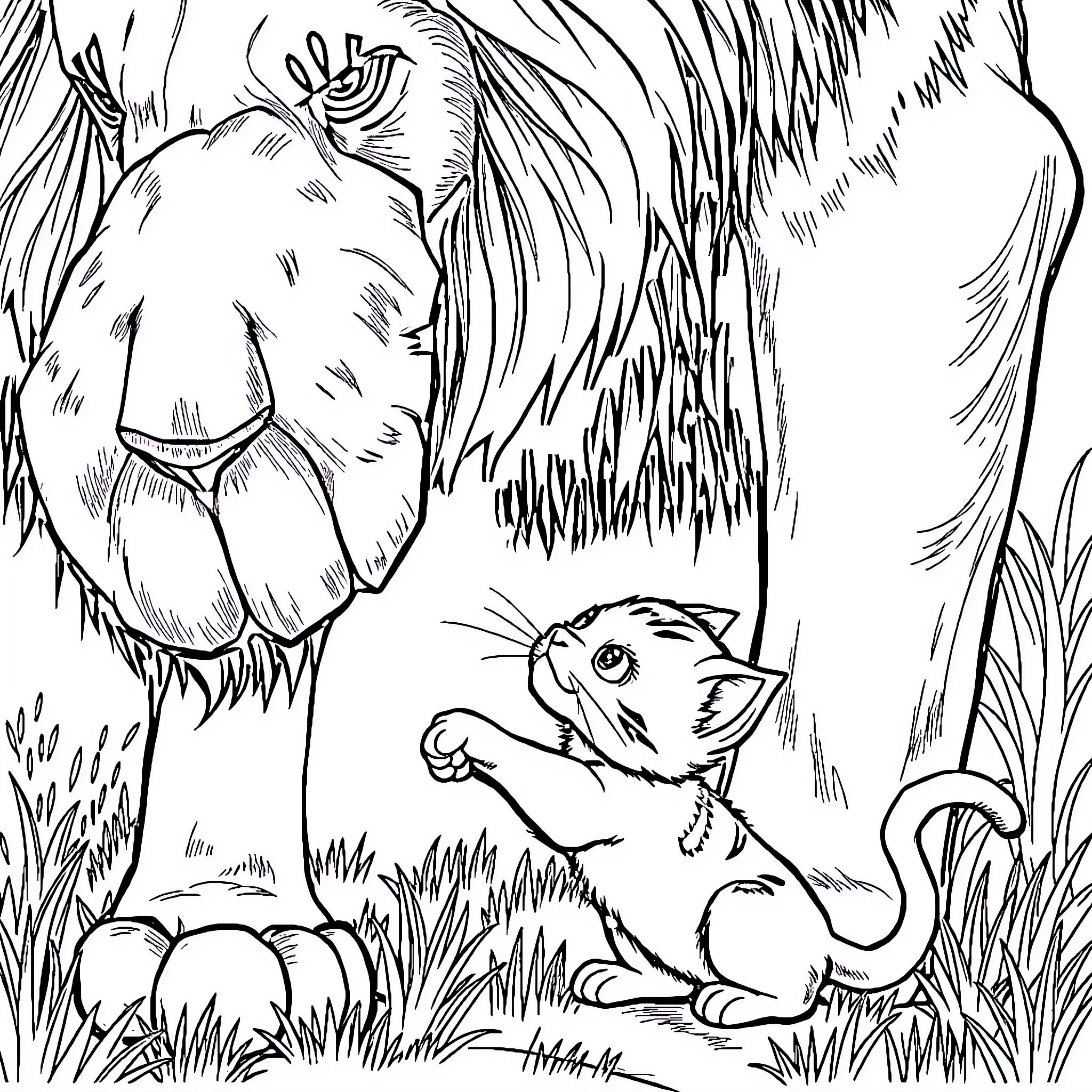 Cat exploring the wilderness Coloring Page (free black-and-white line drawing printable PDF for all, from beginners to advanced learners, including children, teens, adults, and seniors)