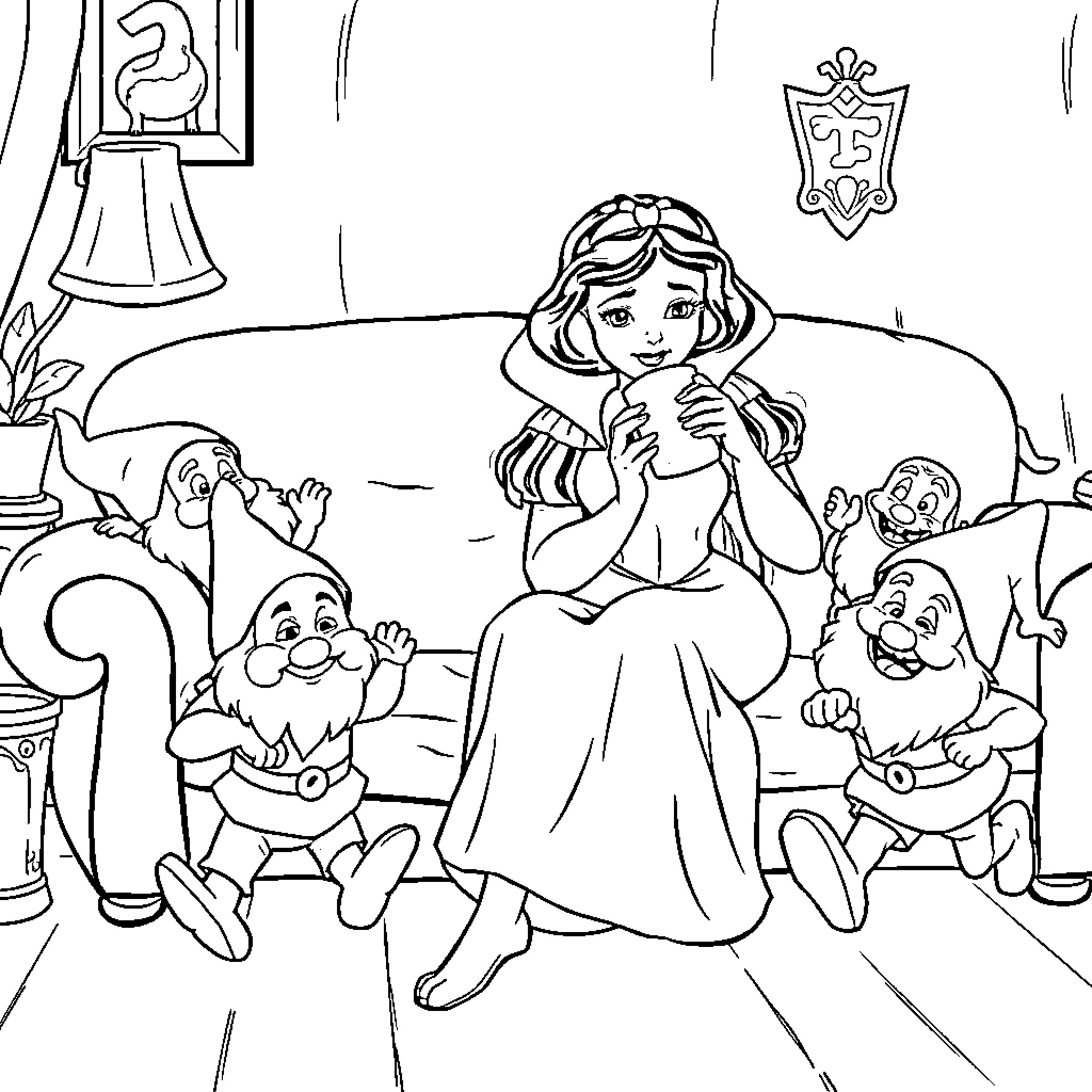 Snow White sitting with dwarfs in a cozy cottage Coloring Page (free black-and-white line drawing printable PDF for all, from beginners to advanced learners, including children, teens, adults, and seniors)