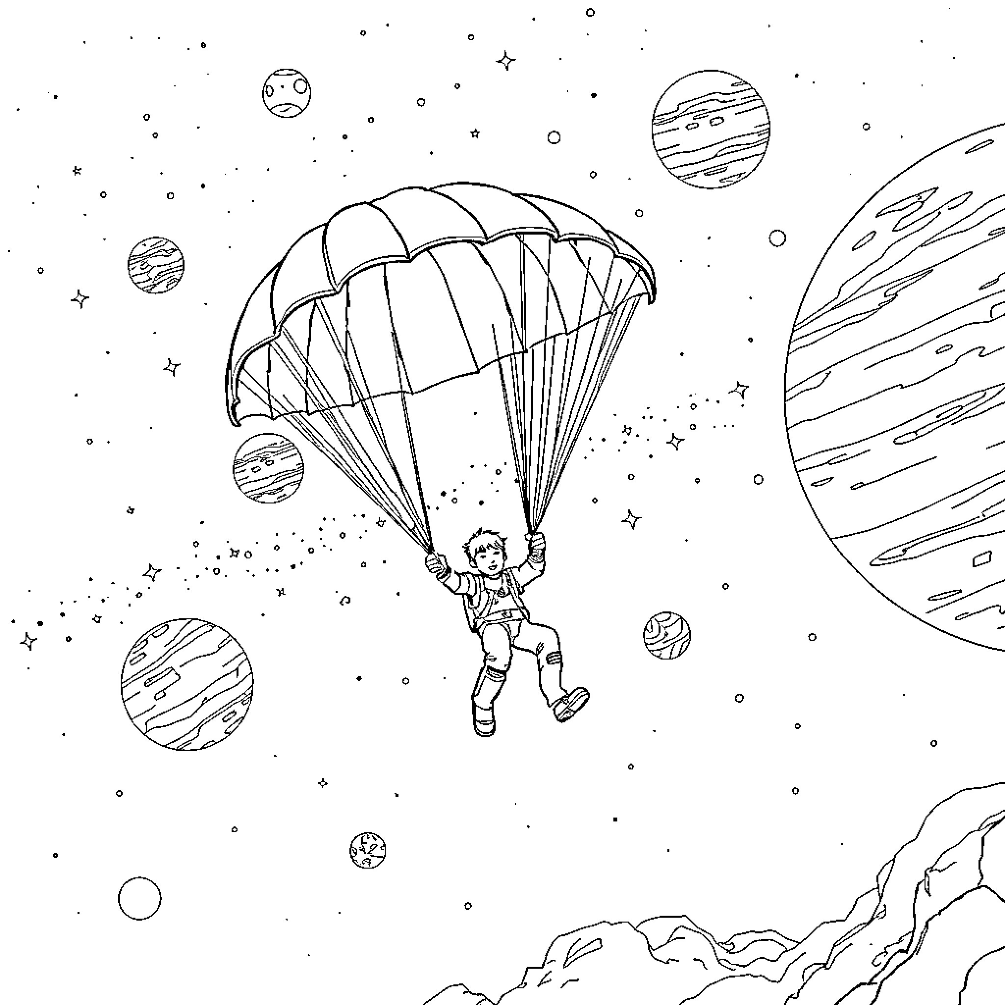 Parachutist drifting through cosmic landscape Coloring Page (free black-and-white line drawing printable PDF for all, from beginners to advanced learners, including children, teens, adults, and seniors)