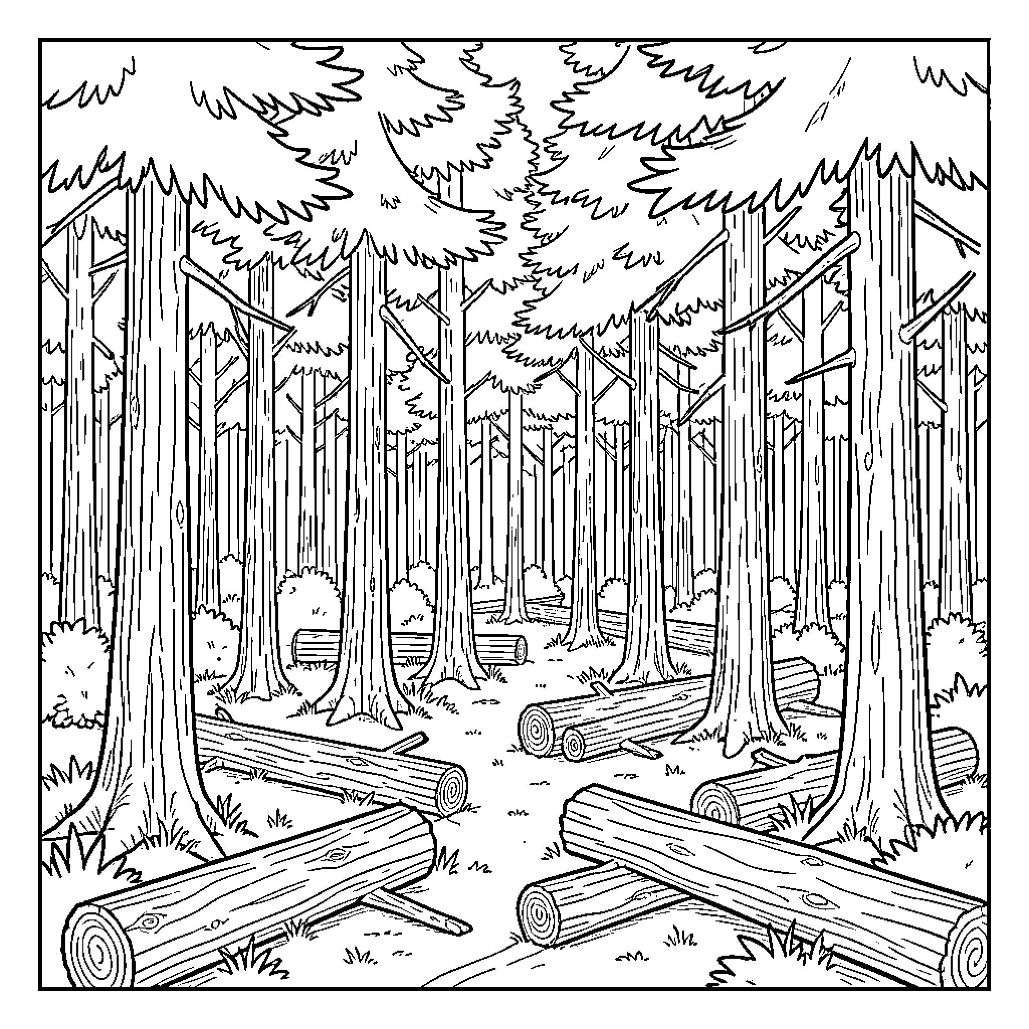 Log and tall trees in a dense forest Coloring Page (free black-and-white line drawing printable PDF for all, from beginners to advanced learners, including children, teens, adults, and seniors)
