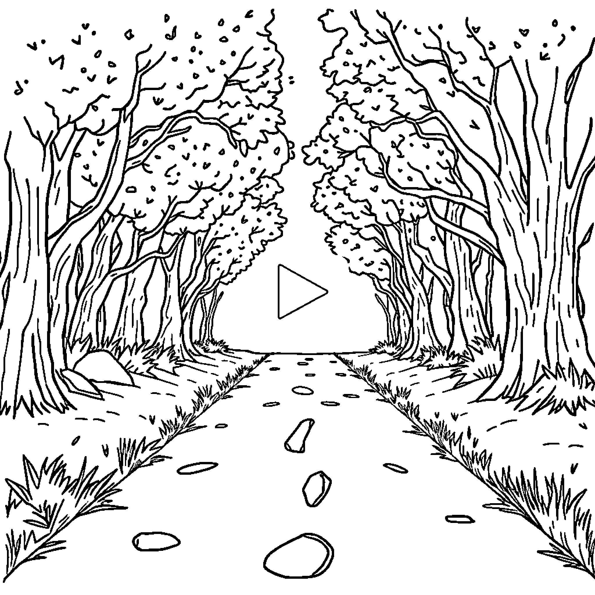 Video of a serene forest path with trees and foliage Coloring Page (free black-and-white line drawing printable PDF for all, from beginners to advanced learners, including children, teens, adults, and seniors)