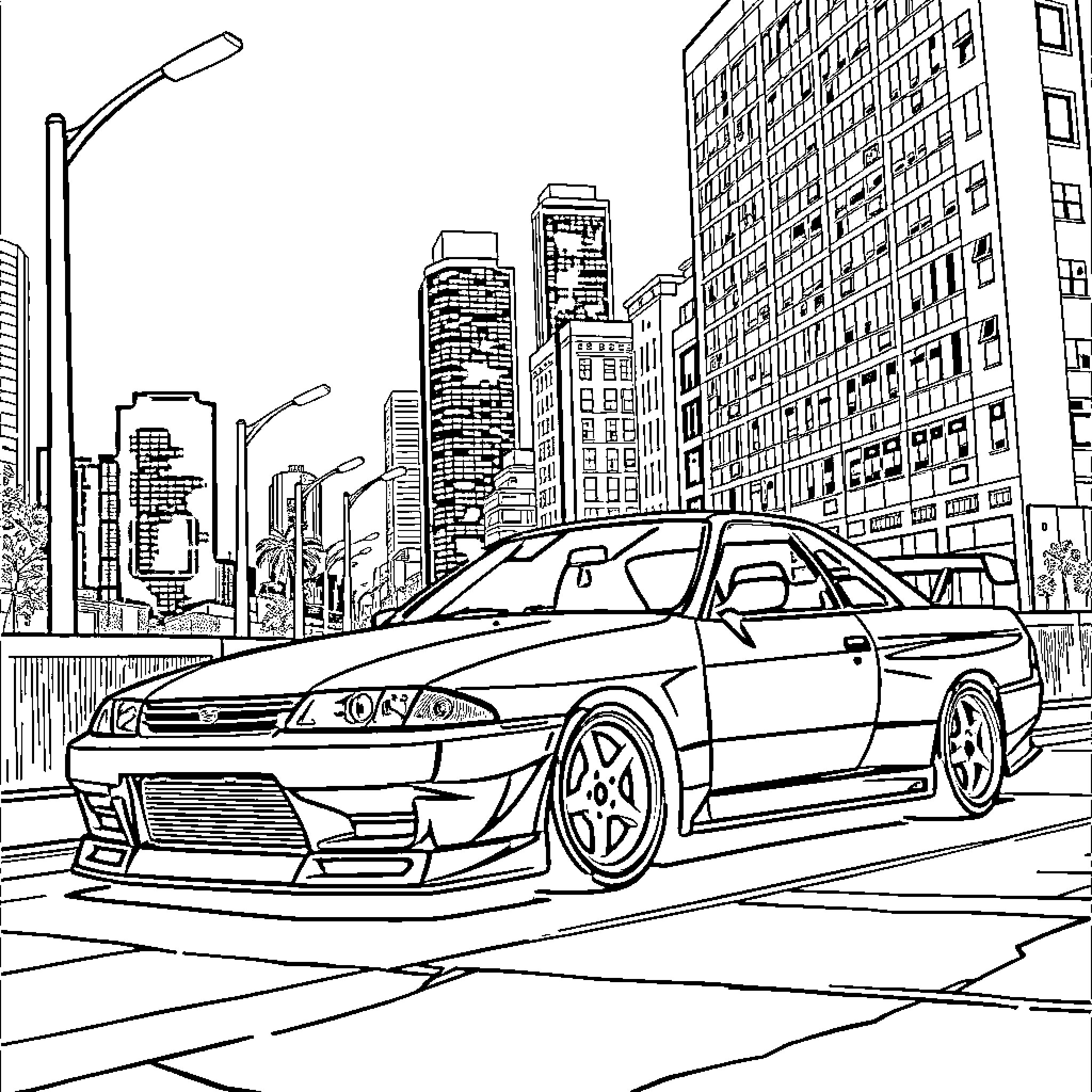Skyline with cityscape and sports car Coloring Page (free black-and-white line drawing printable PDF for all, from beginners to advanced learners, including children, teens, adults, and seniors)
