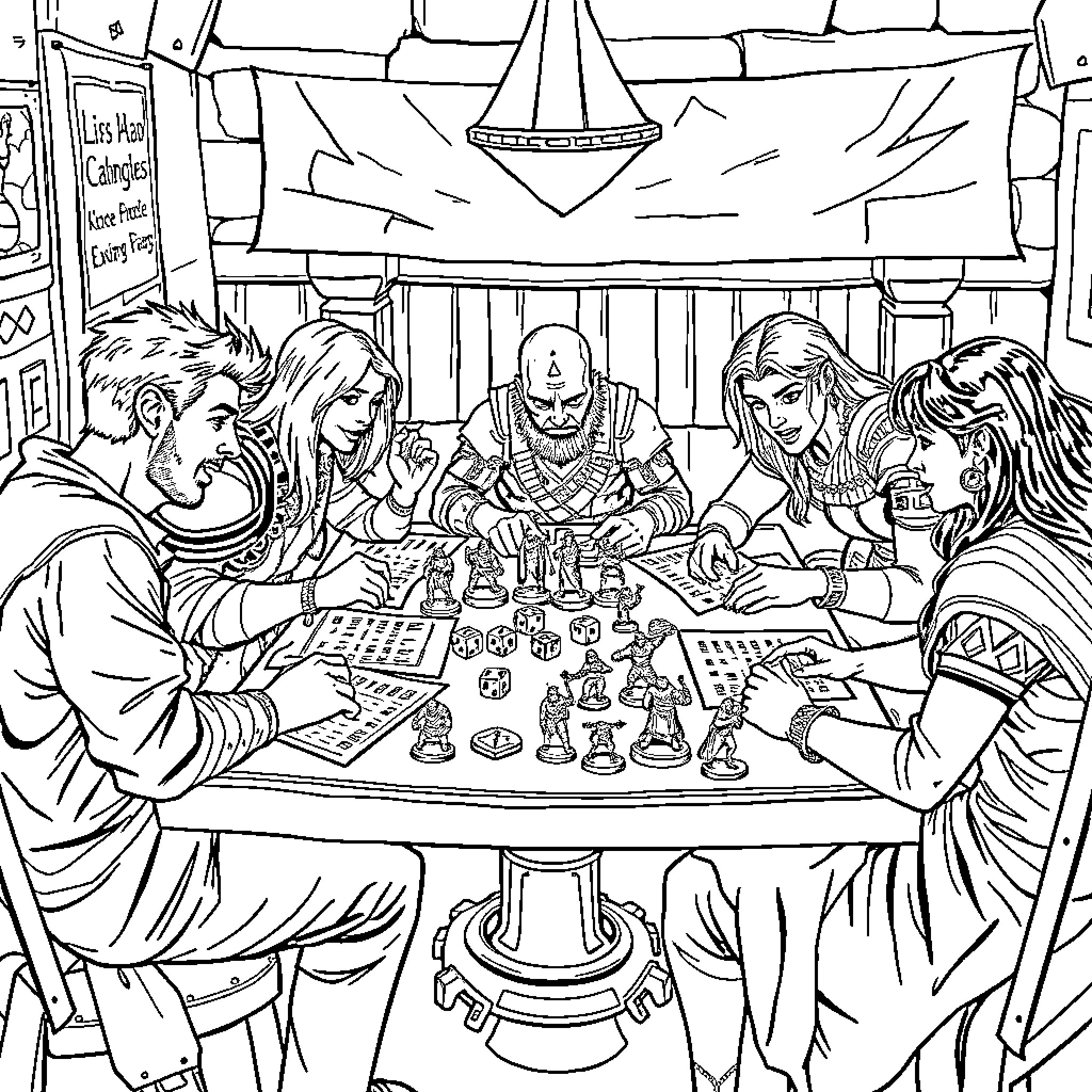 Dungeons and Dragons: Friends Gathered for a Gaming Session Coloring Page (free black-and-white line drawing printable PDF for all, from beginners to advanced learners, including children, teens, adults, and seniors)