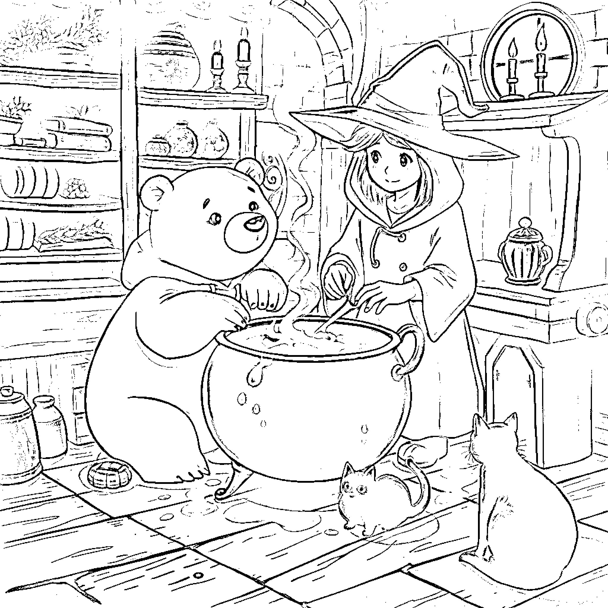 Bear cooking tasty food with friends in cozy kitchen Coloring Page (free black-and-white line drawing printable PDF for all, from beginners to advanced learners, including children, teens, adults, and seniors)