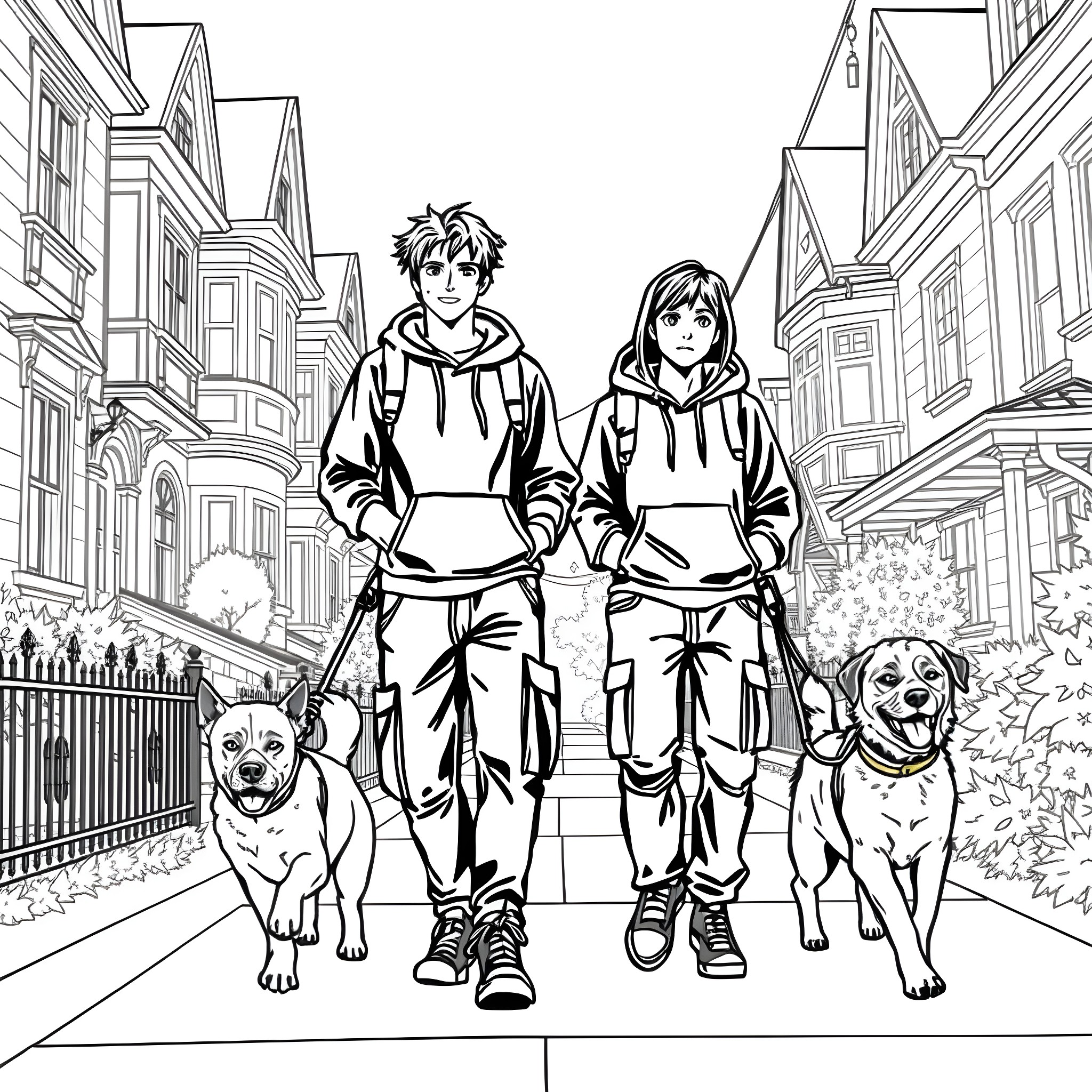 Boy and girl walking their dogs on a city street Coloring Page (free black-and-white line drawing printable PDF for all, from beginners to advanced learners, including children, teens, adults, and seniors)