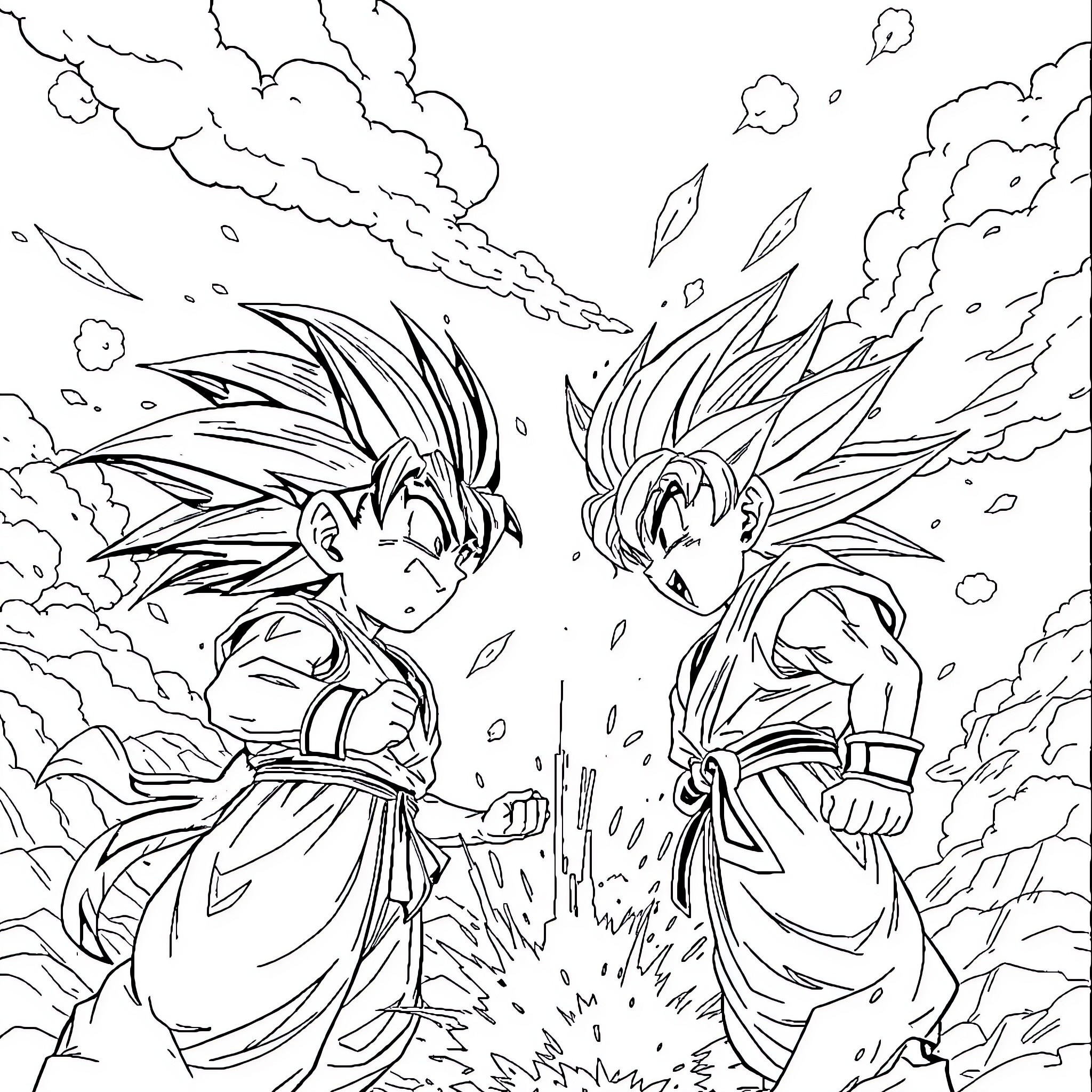 Kabouter Plop and friends battling in an intense energy blast Coloring Page (free black-and-white line drawing printable PDF for all, from beginners to advanced learners, including children, teens, adults, and seniors)