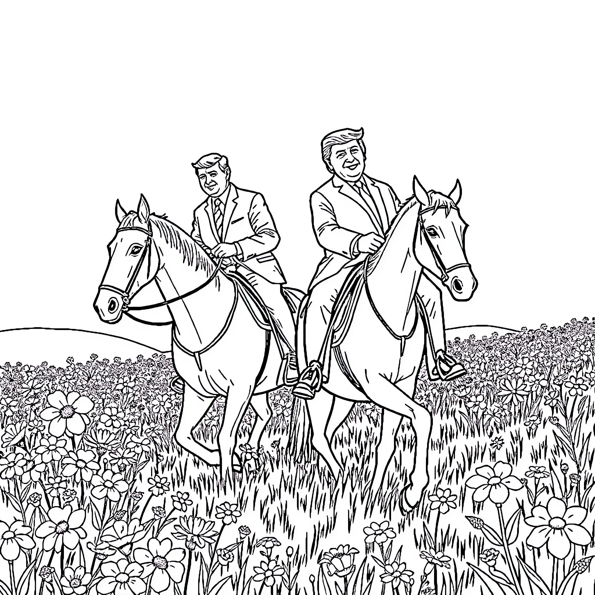 Horseback Riding in a Floral Meadow Coloring Page (free black-and-white line drawing printable PDF for all, from beginners to advanced learners, including children, teens, adults, and seniors)