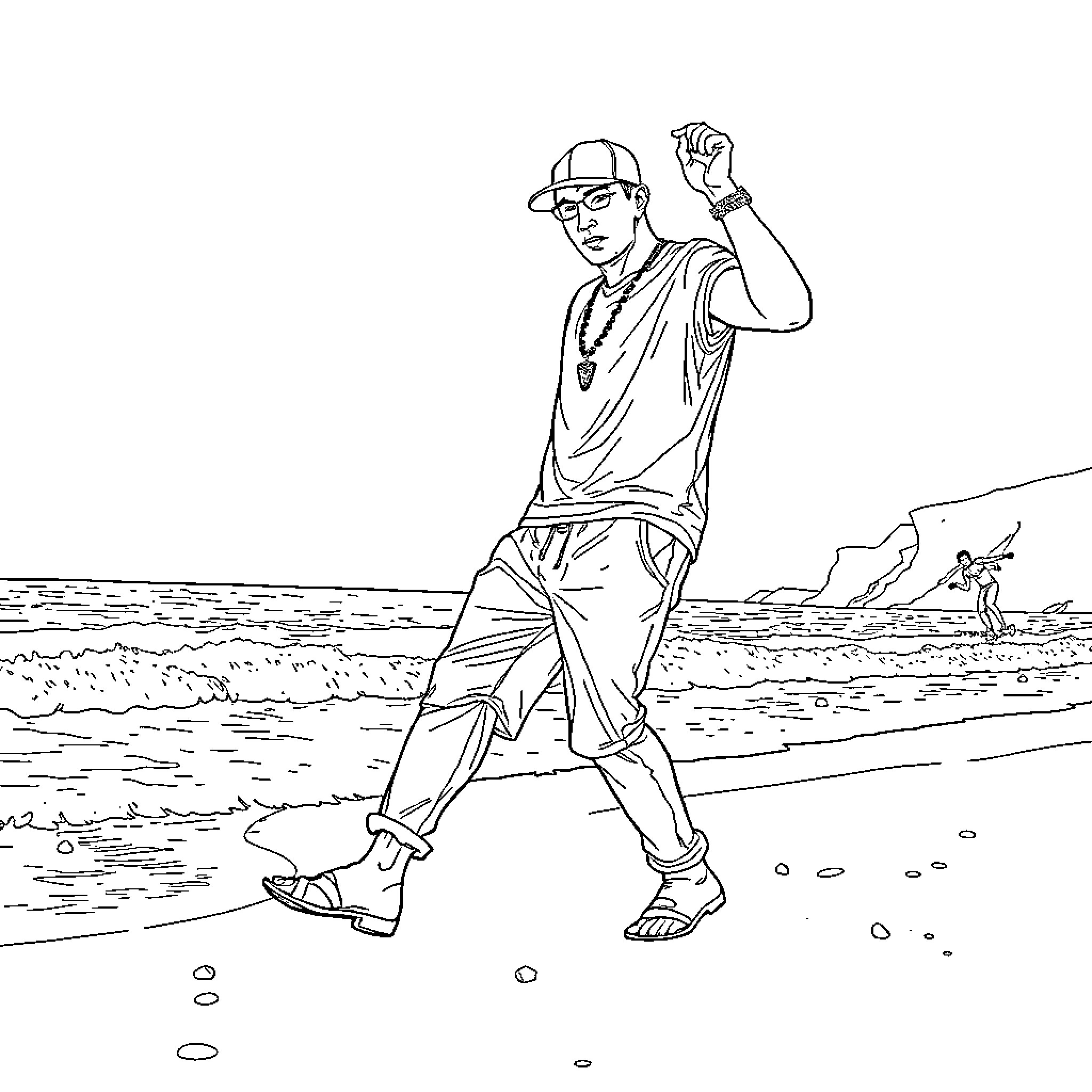 Eminem relaxing by the beach in casual attire Coloring Page (free black-and-white line drawing printable PDF for all, from beginners to advanced learners, including children, teens, adults, and seniors)