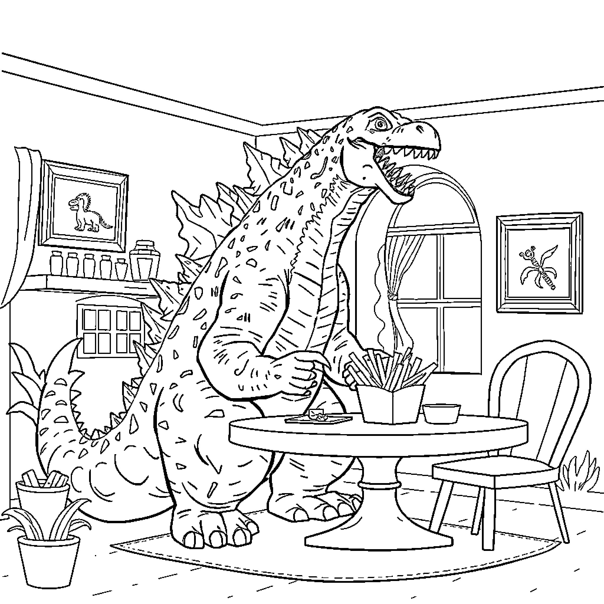 Godzilla enjoying a cozy indoor setting Coloring Page (free black-and-white line drawing printable PDF for all, from beginners to advanced learners, including children, teens, adults, and seniors)