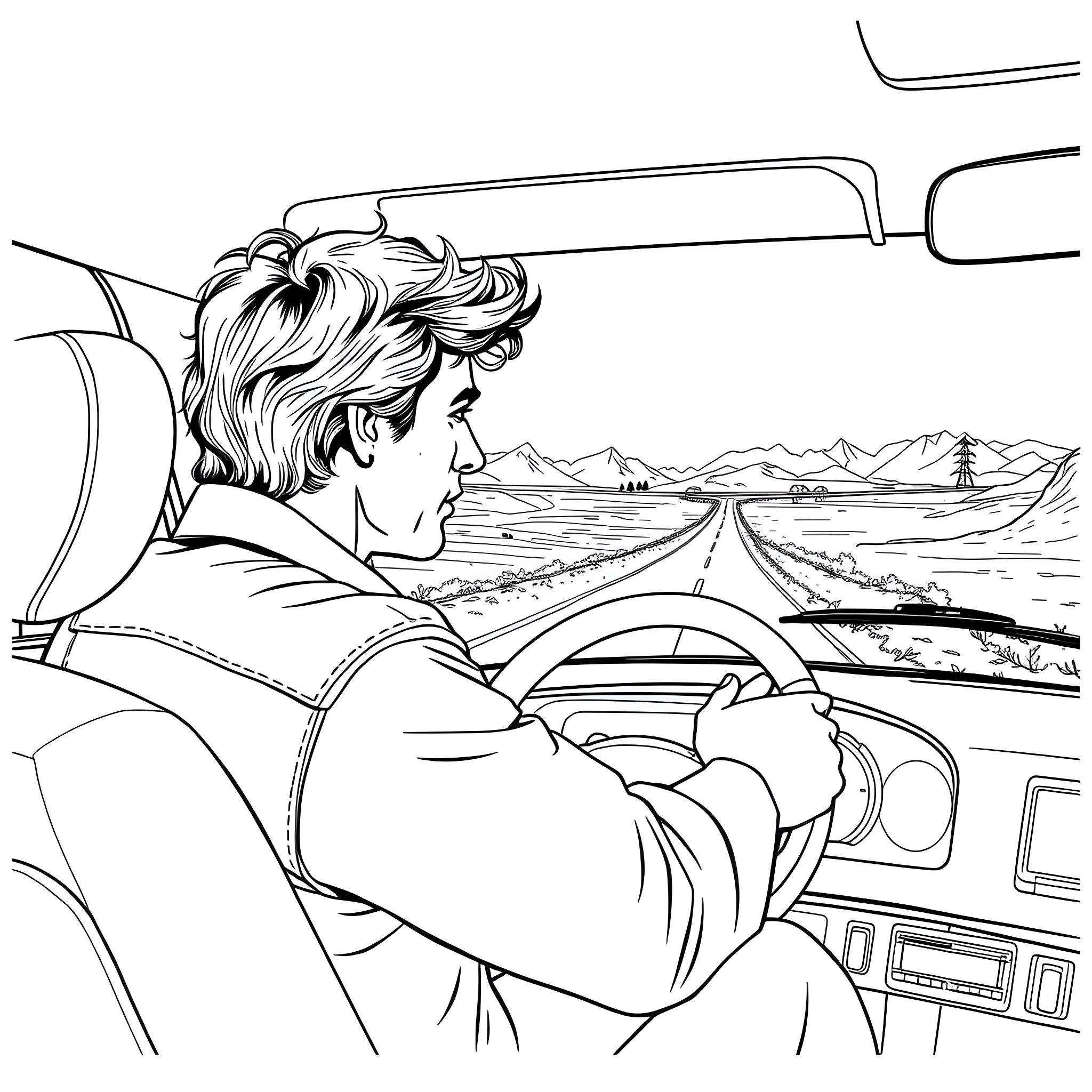 Jack Kerouac driving through a scenic landscape Coloring Page (free black-and-white line drawing printable PDF for all, from beginners to advanced learners, including children, teens, adults, and seniors)