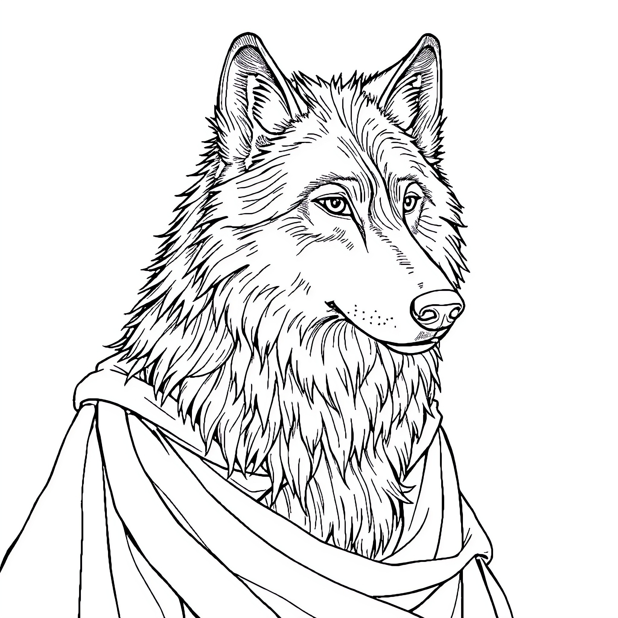 Wolf in Draped Cloak Coloring Page (free black-and-white line drawing printable PDF for all, from beginners to advanced learners, including children, teens, adults, and seniors)